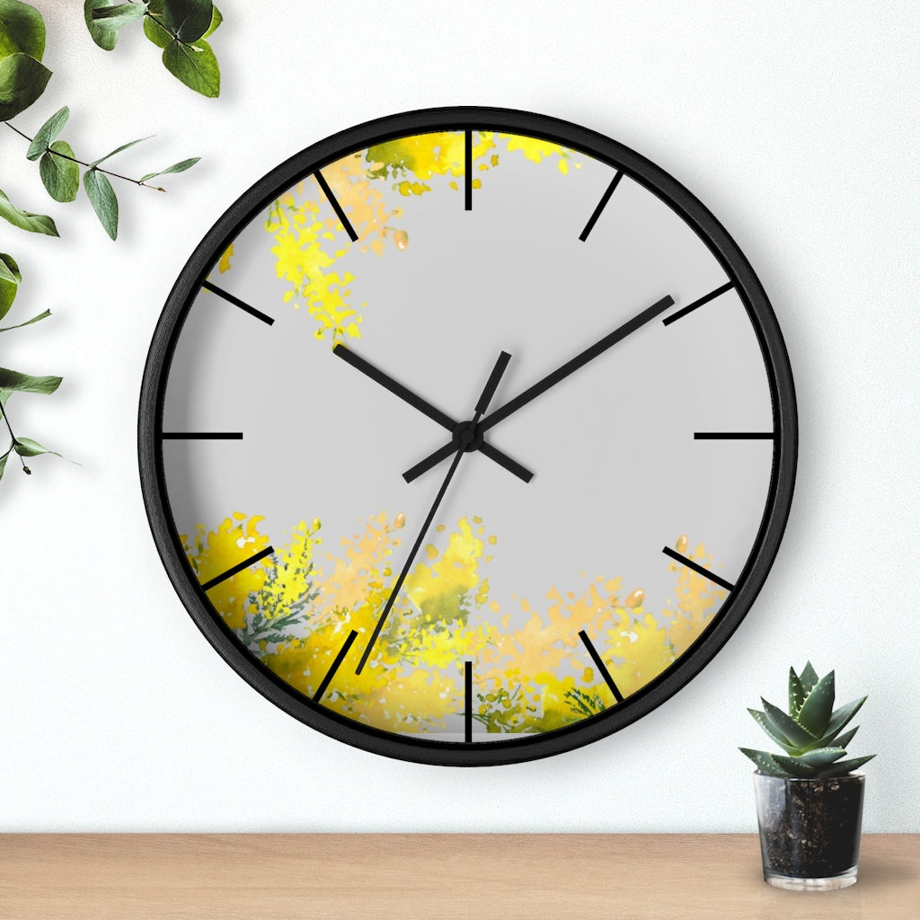 Floral 10" Wood Wall Clock | Gray Yellow Mimosa