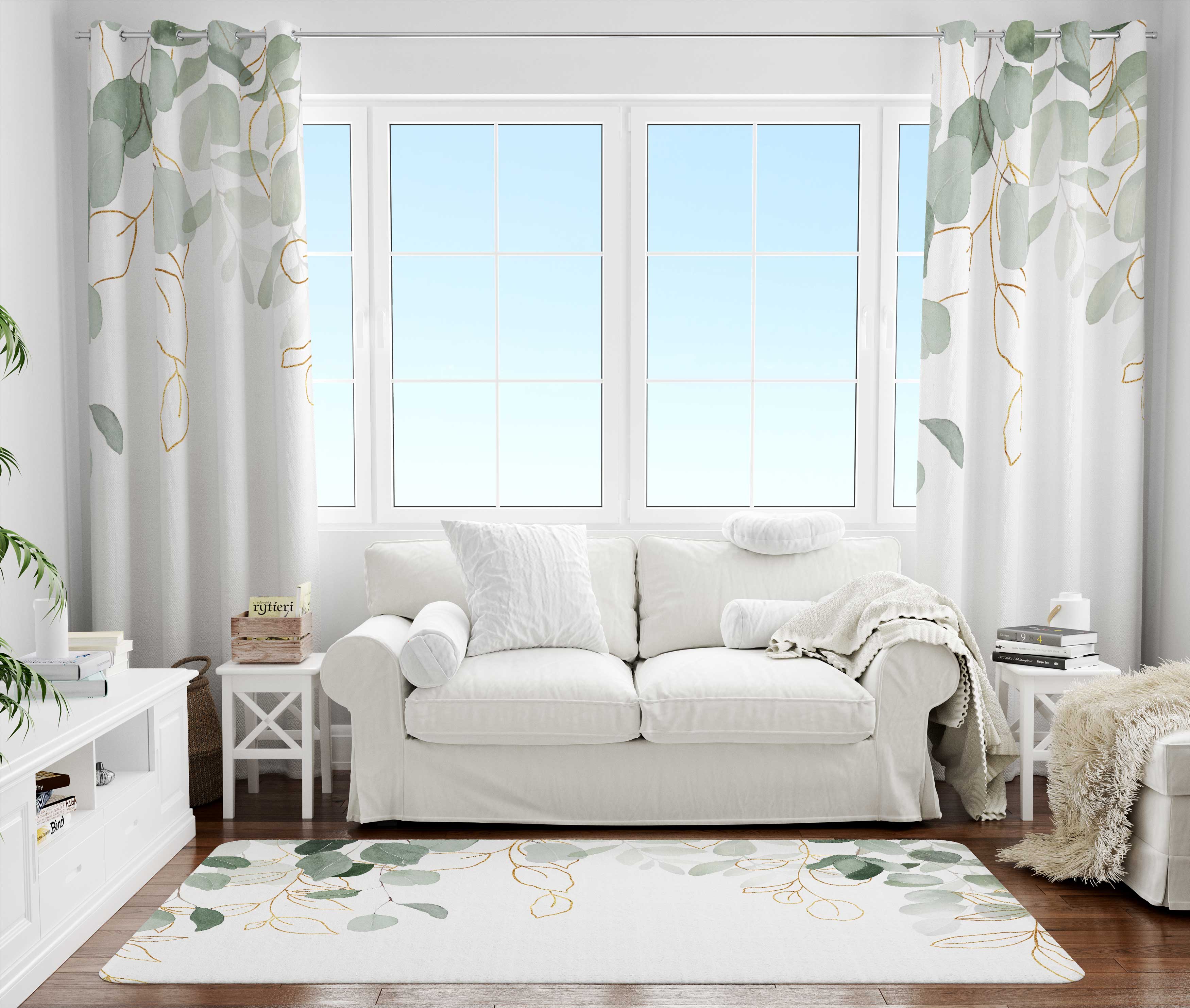 Floral Area Rug | White Green Eucalyptus Leaves