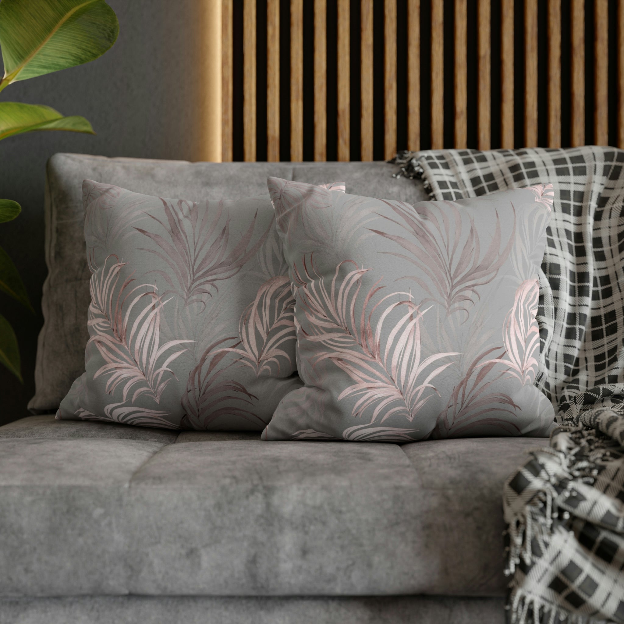 Floral Pillow Cover | Gray Blush Pink Wild Palm Leaves