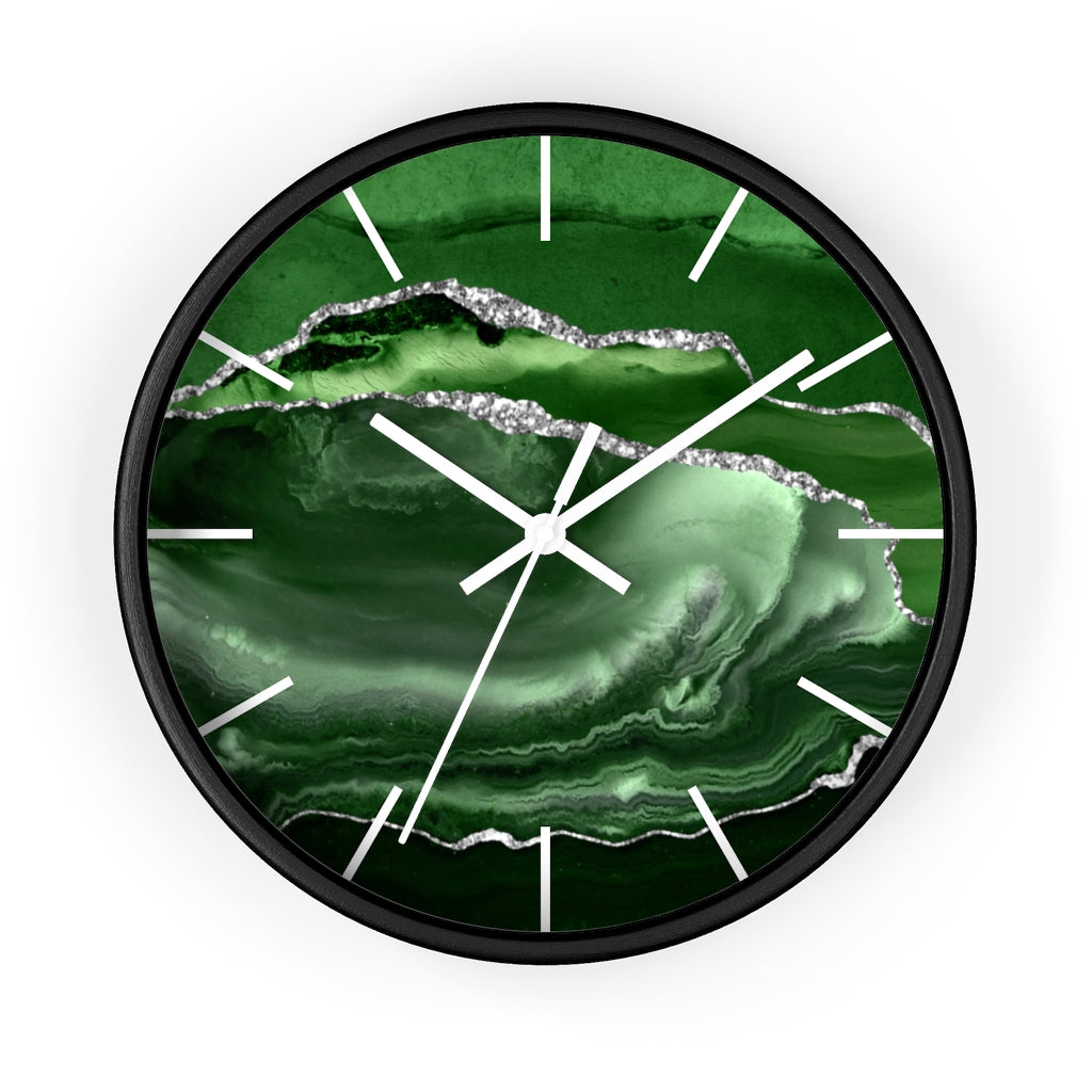 Marble Print, Wood, Wall Clock, Emerald Green 10"