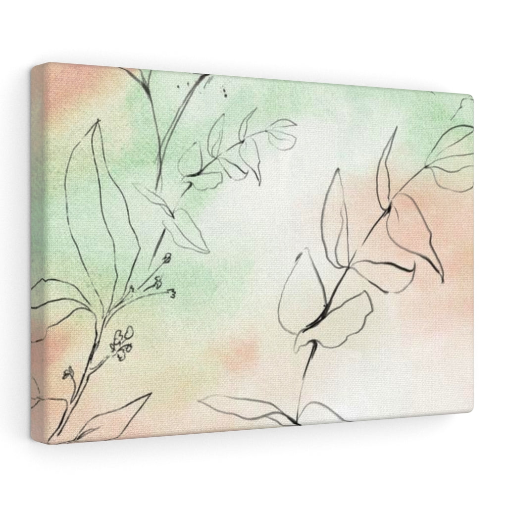 FLORAL WALL CANVAS ART | Green Peach Black Line Art Leaves