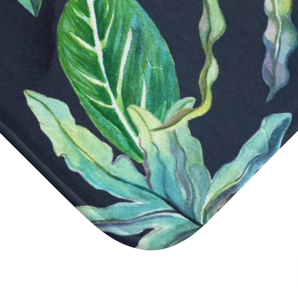 Cute Boho Bath Mat | Floral Navy Green Jungle Leaves