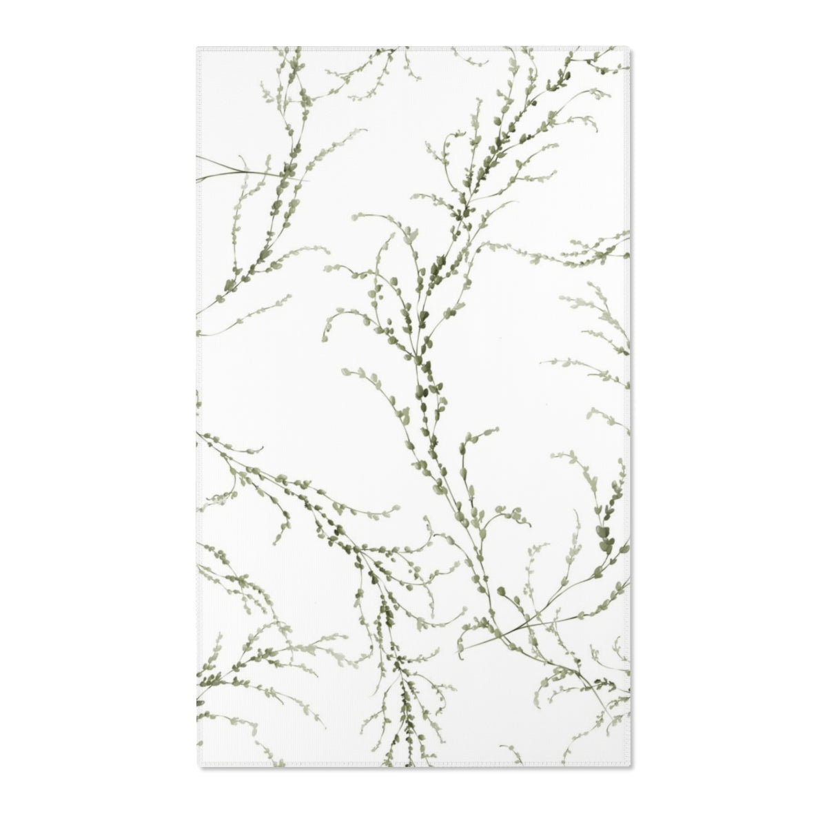 Floral Area Rug | White Delicate Green Leaves