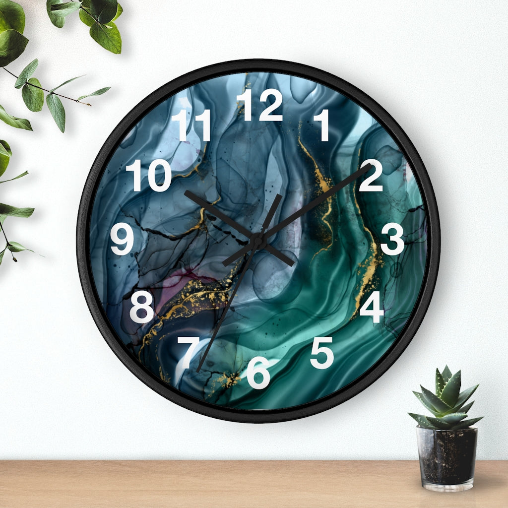 Marble Print, Navy Blue Green, Wood Wall Clock 10"
