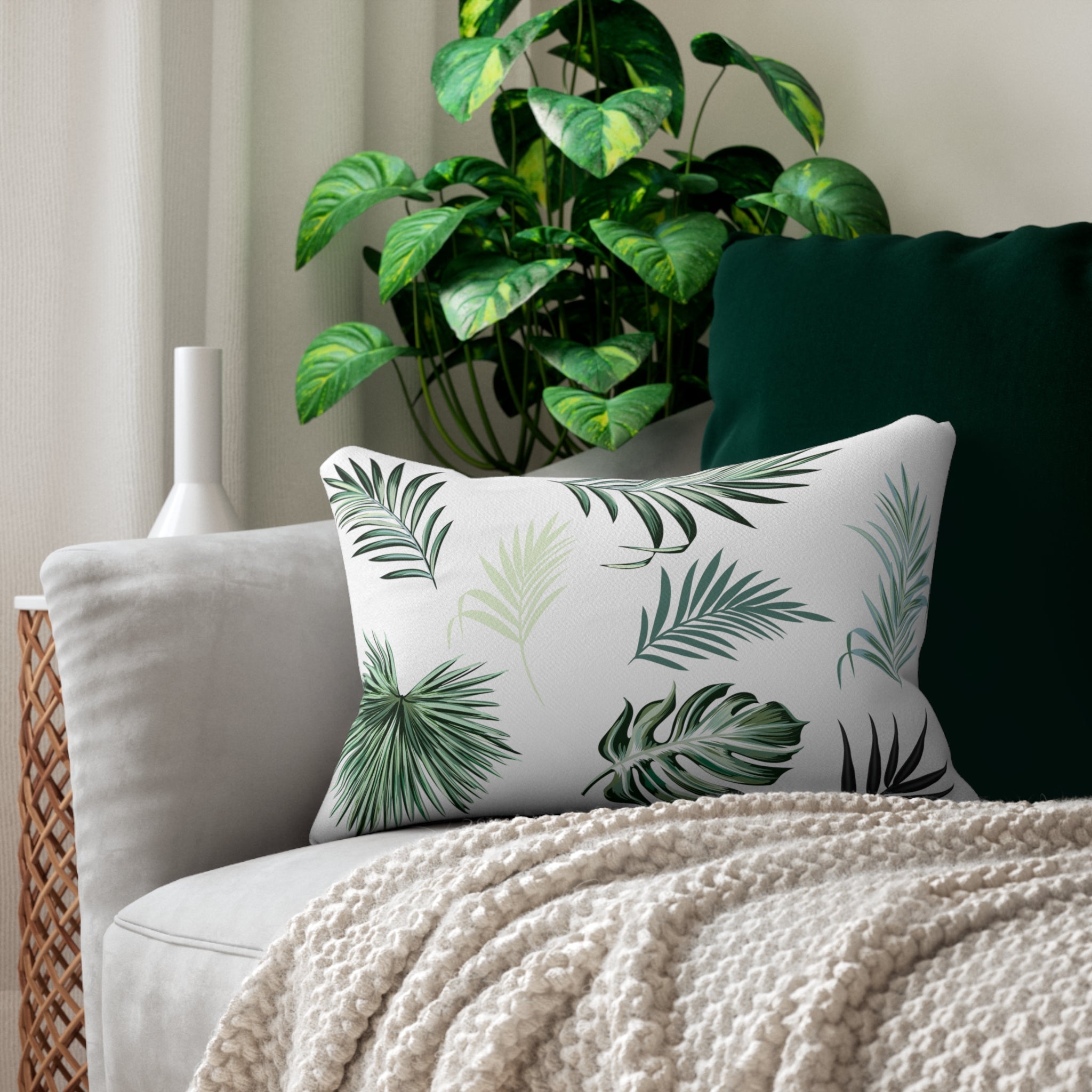 Boho Lumbar Pillow | White Green, Monstera Floral
