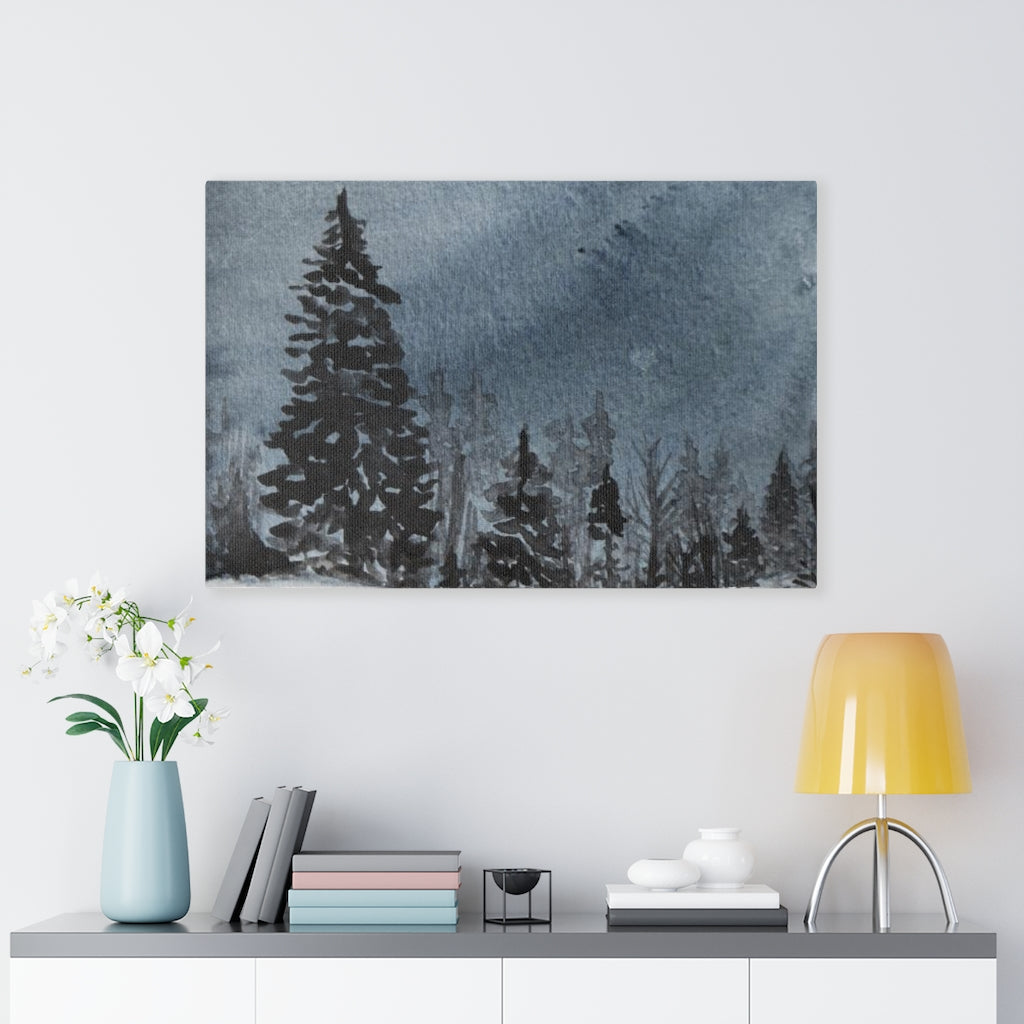 FLORAL WALL CANVAS ART | Navy Blue Winter Night Forest