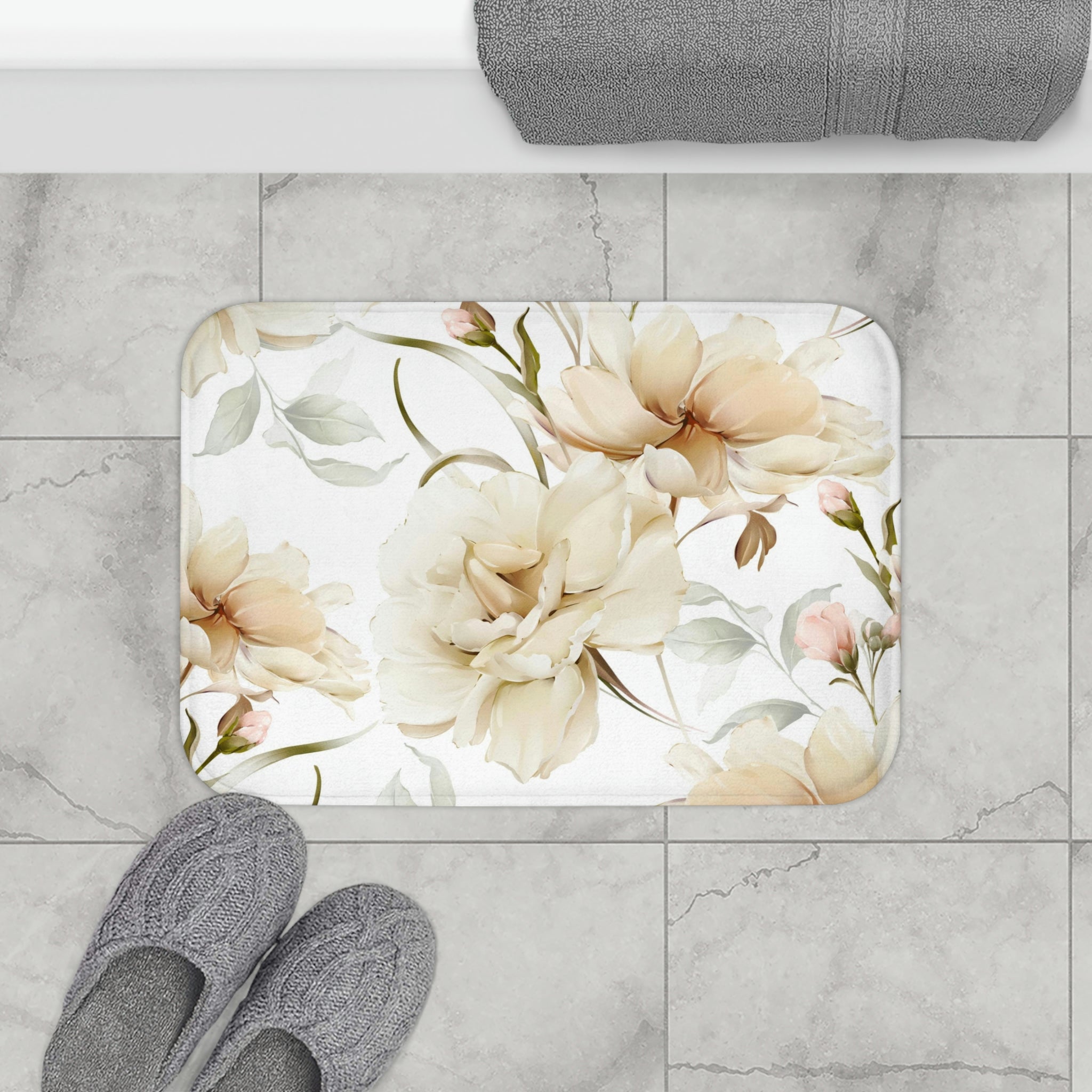 Boho Bath, Kitchen Mat | Vintage Ivory Beige Floral