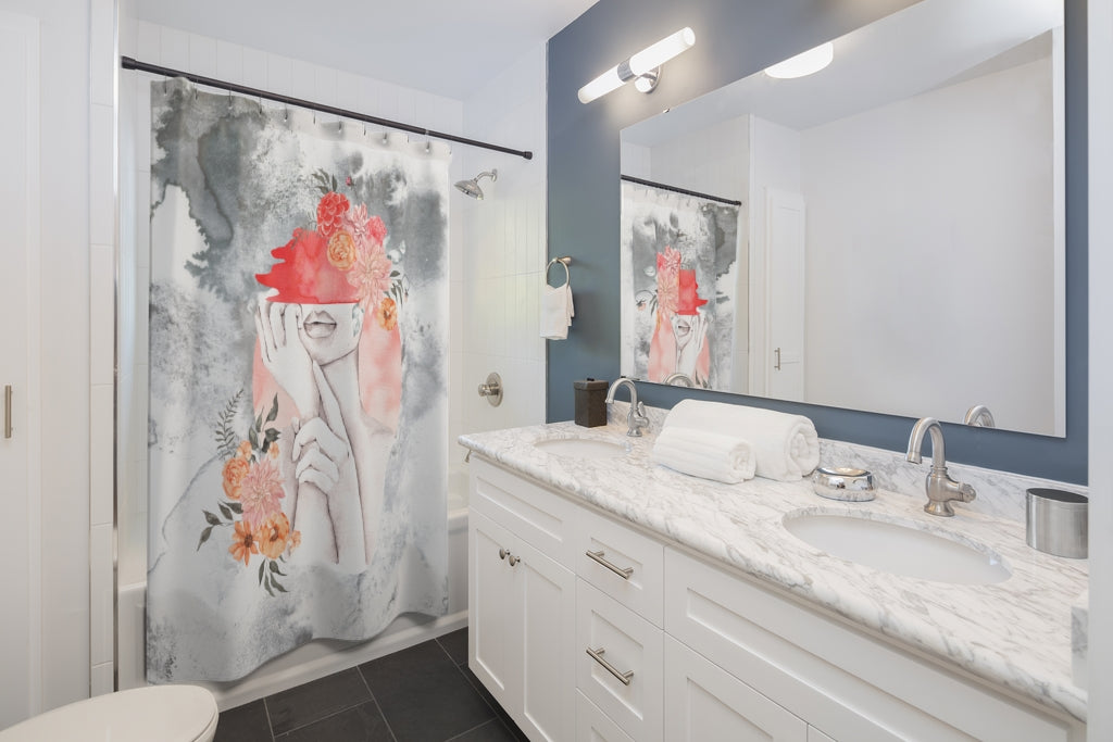 Floral Shower Curtain | Gray White Ombre | Pink Female Art
