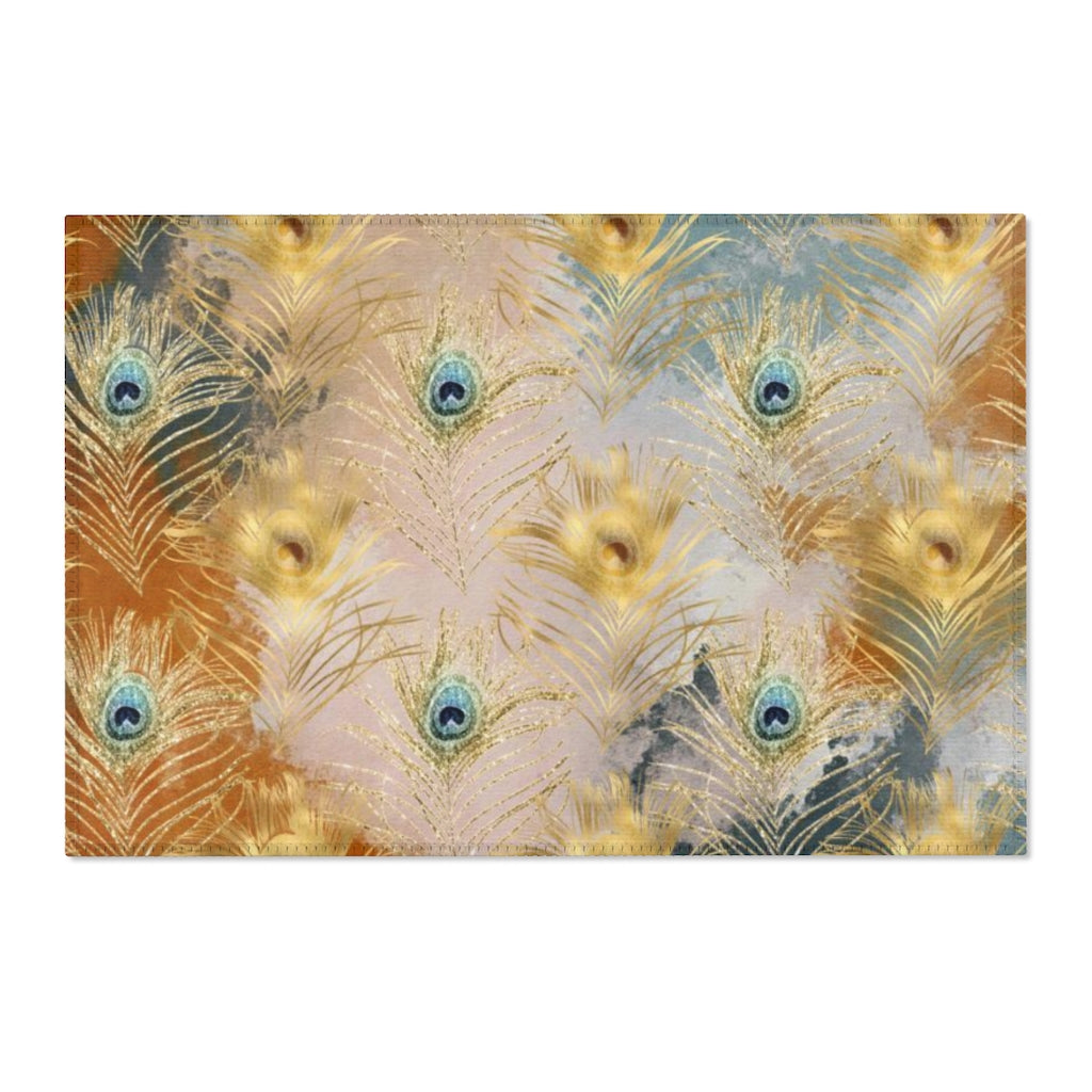 Boho Area Rug | Gold Navy Rust Feathers