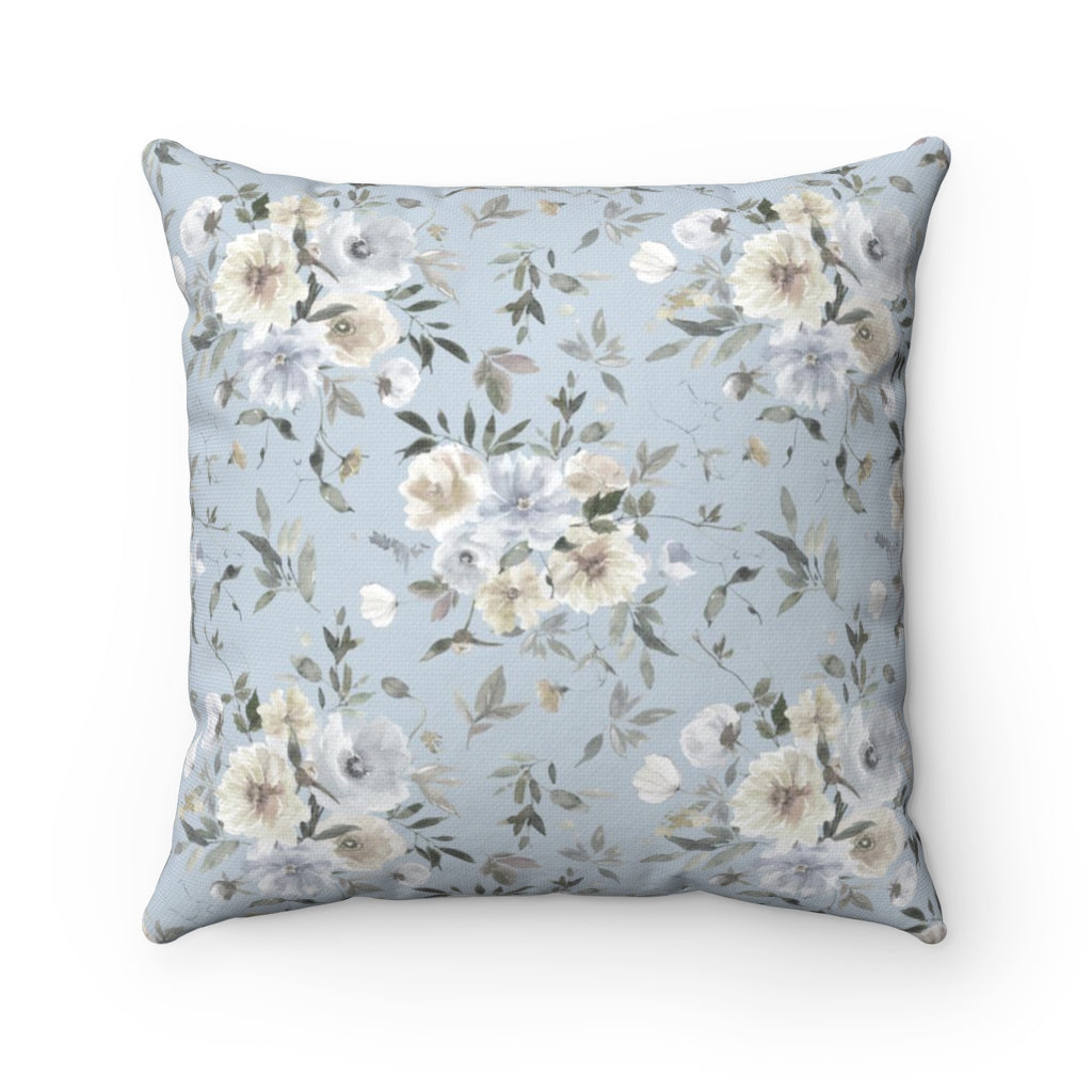 Floral Boho Pillow Cover Pastel Blue Grey White Poppies Green