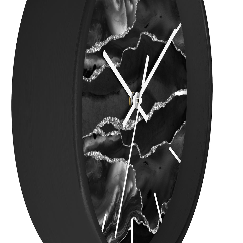 Marble Print, Wood, Wall Clock, Black Silver 10"