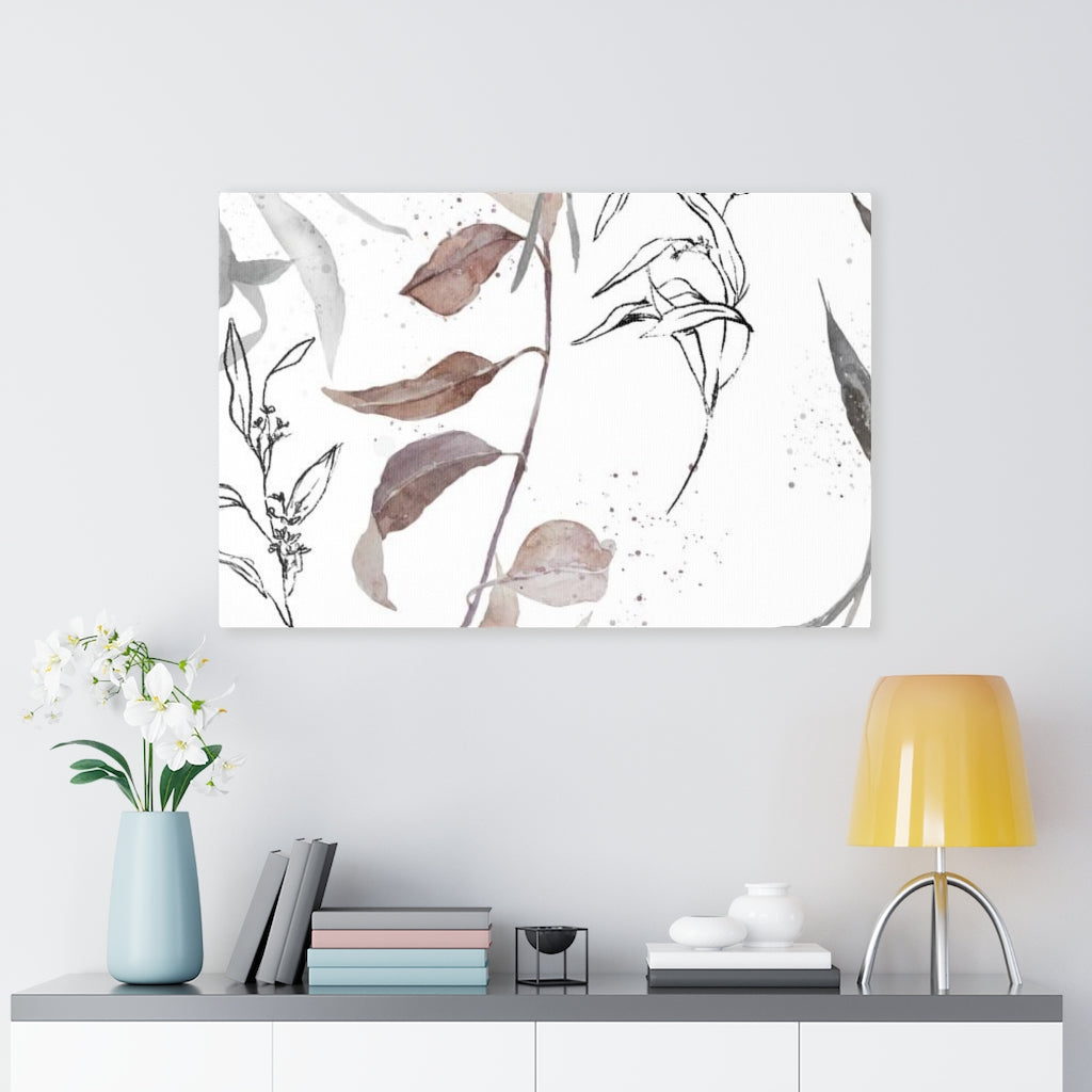 FLORAL WALL CANVAS ART | White Beige Grey Leaves