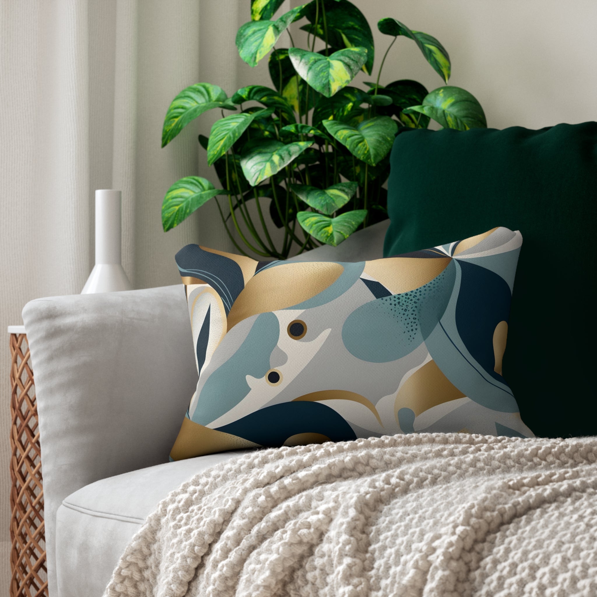 Navy, teal blue, gold and beige abstract boho lumbar pillow in a modern living room