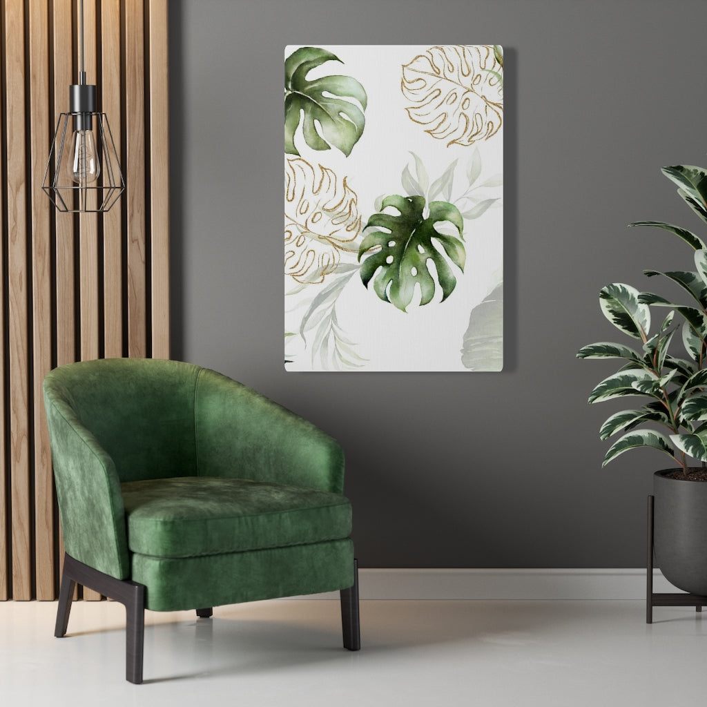 FLORAL WALL CANVAS ART | White Green Gold Tropical Leaves
