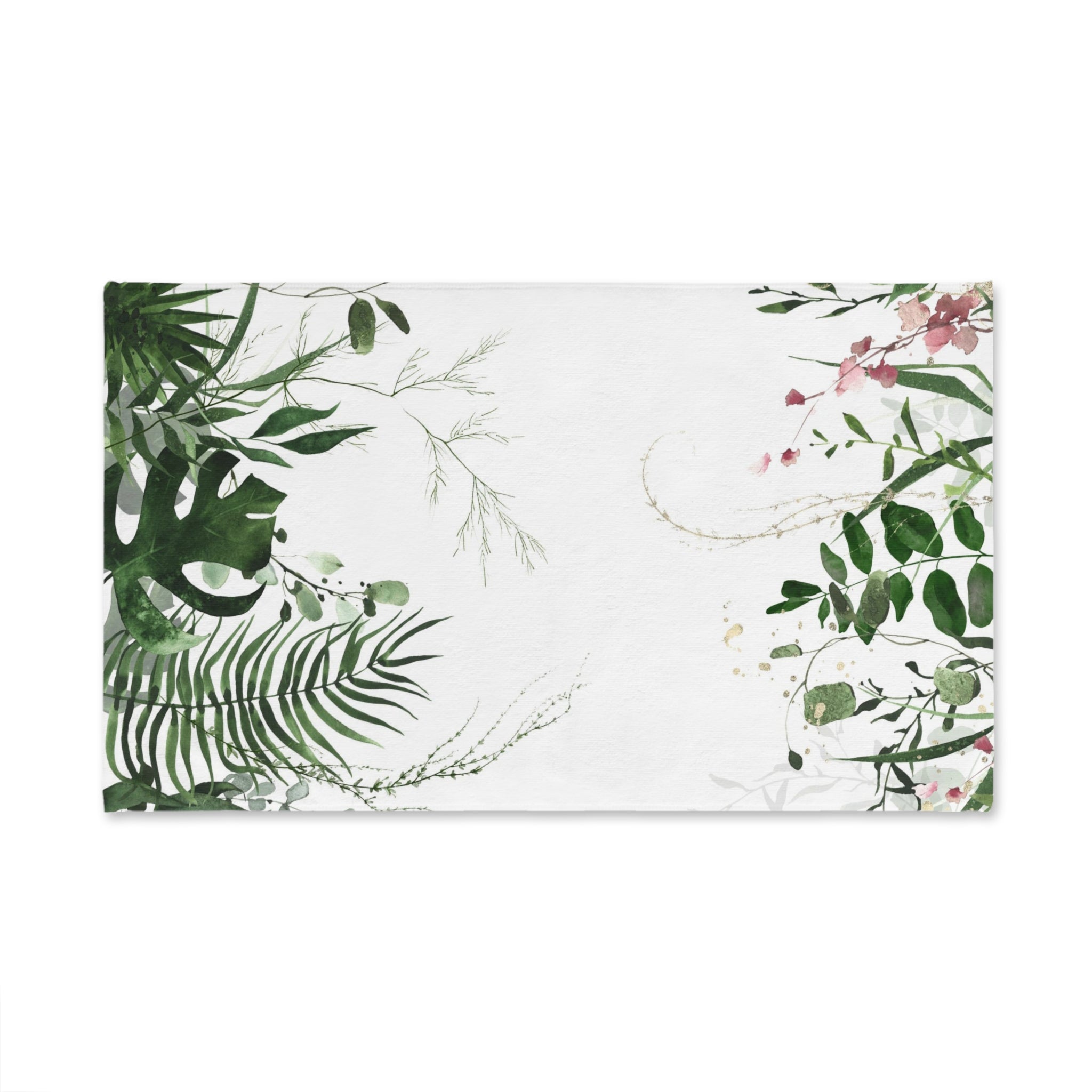 Floral Boho Kitchen, Bath Hand Towel | White Green Monstera Jungle Leaves