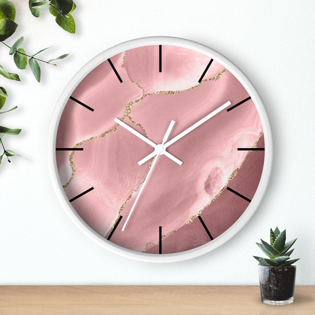 Marble Print, Wood, Wall Clock, Pink Gold 10"