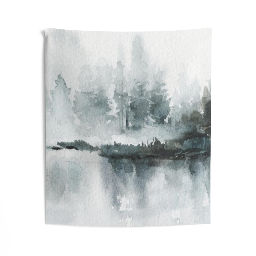 Landscape Tapestry | Grey Green Watercolor Lakeside Forest
