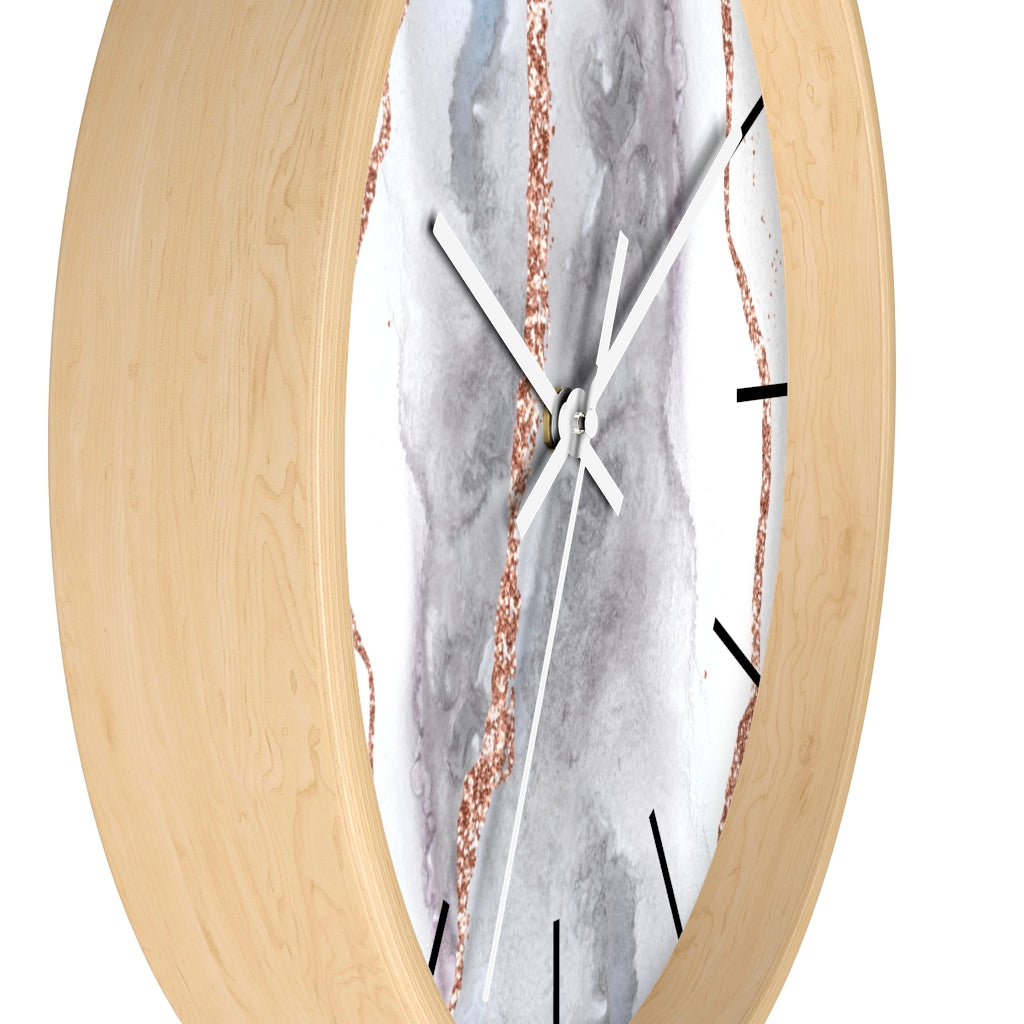 Marble Print, Wood, Wall Clock, Gray Gold 10"