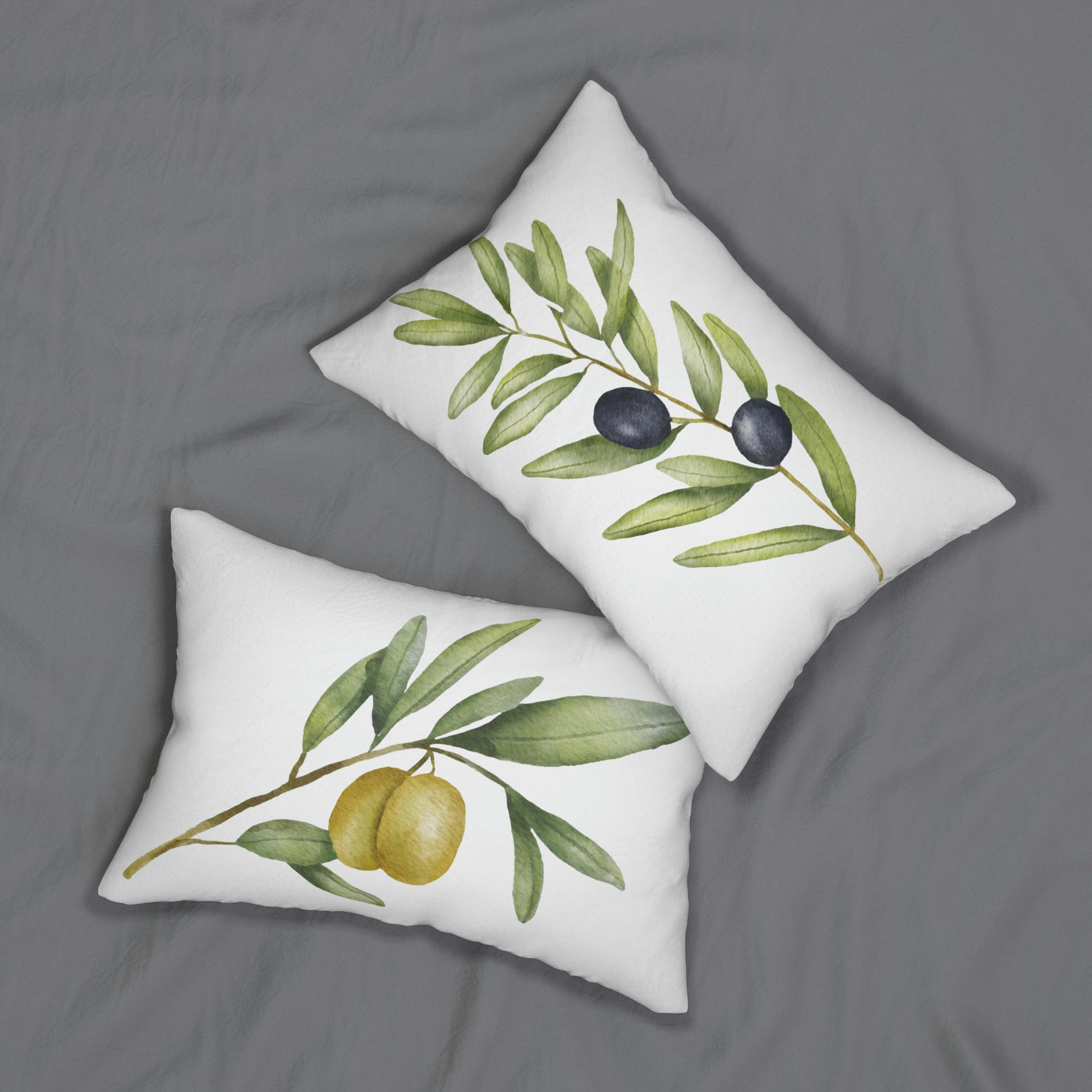 Green Black Olive Branch Lumbar Pillow | Floral Watercolor