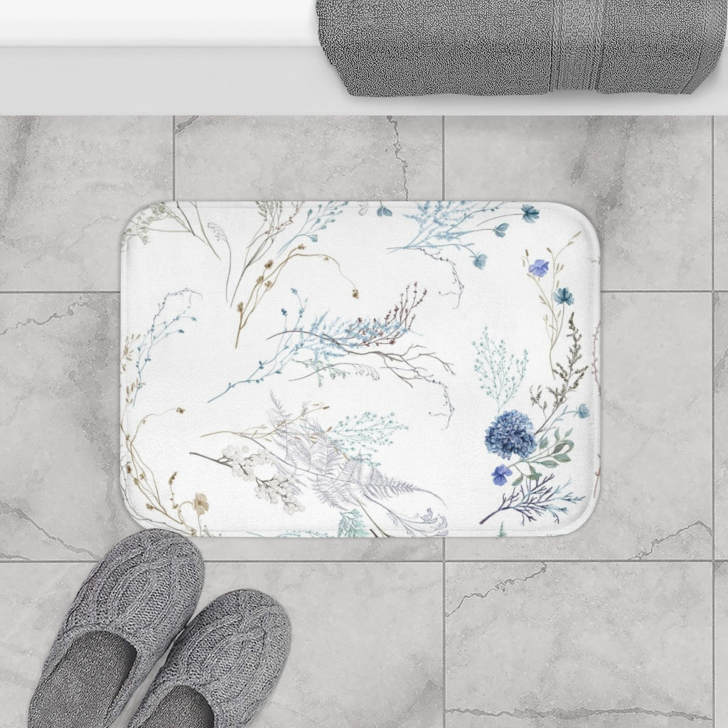 Cute Boho Bath Mat | White Lavender Green Floral | Wild Flowers