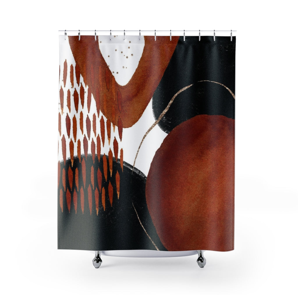 a shower curtain with an abstract design on it