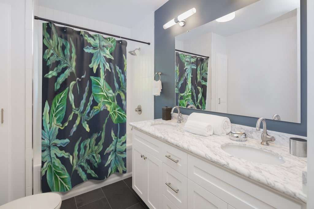Boho Shower Curtain | Floral Navy Green Jungle Leaves