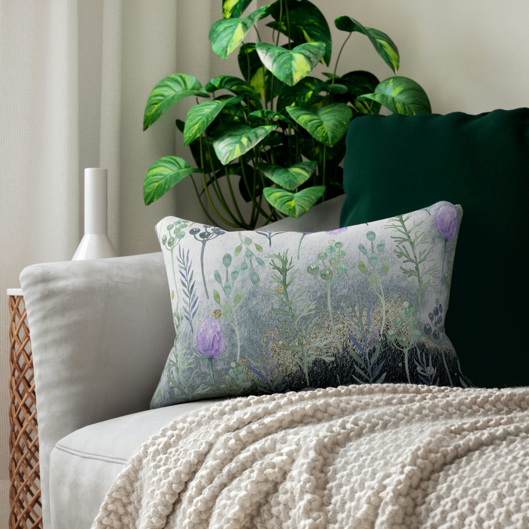 Floral Boho Lumbar Pillow | Lavender Grey Green ombre