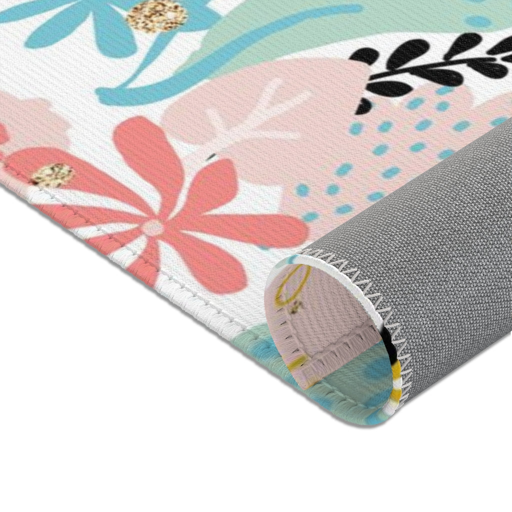 Floral Area Rug | Gold White Blush Pink