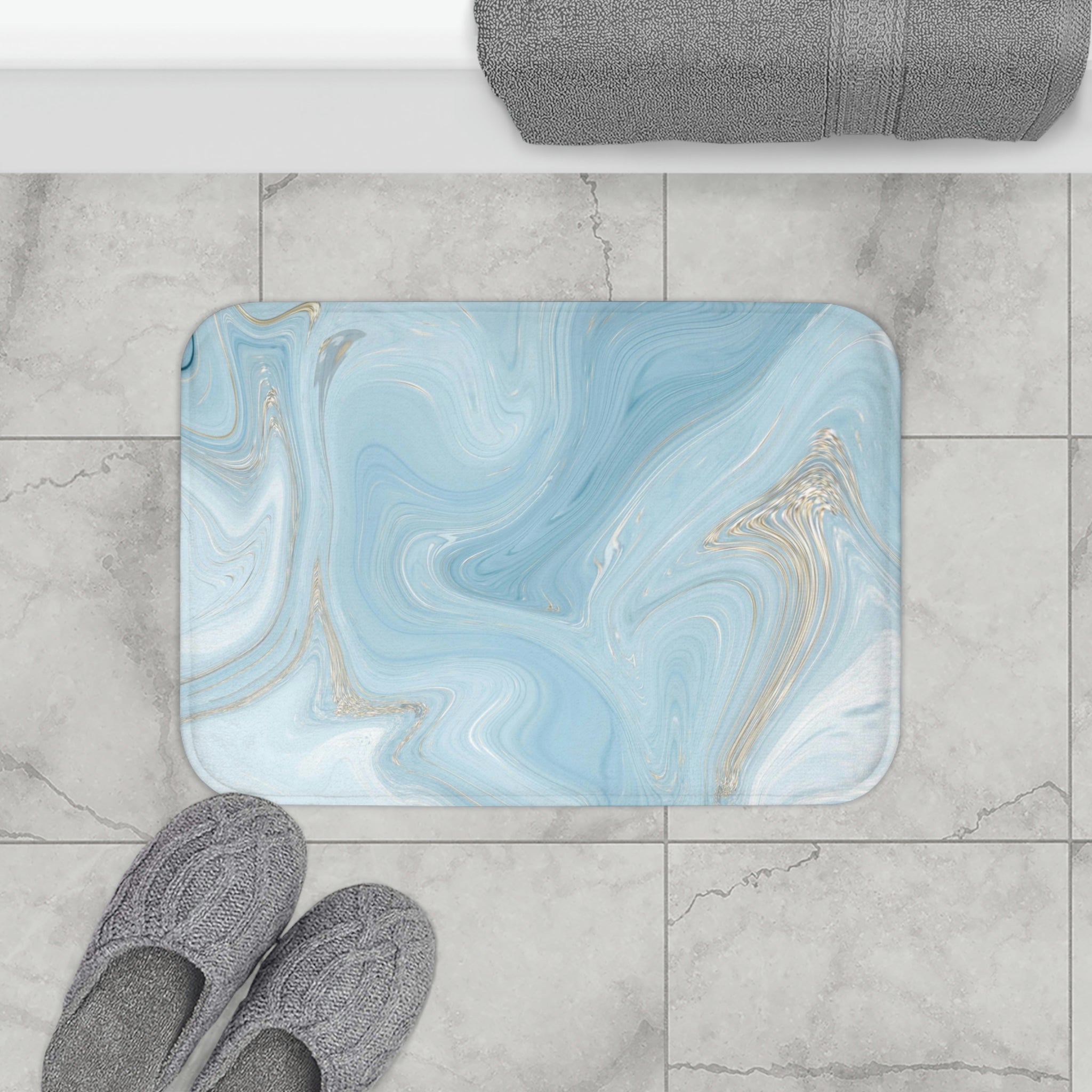 Boho Abstract Bath, Kitchen Mat | Pale Sky Blue Marble Print