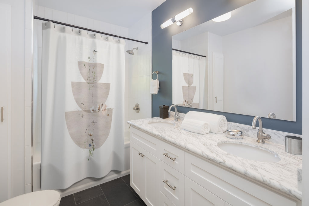 Zen Boho Shower Curtain | White Sandy Beige | Hanging Floral Bathroom Decor