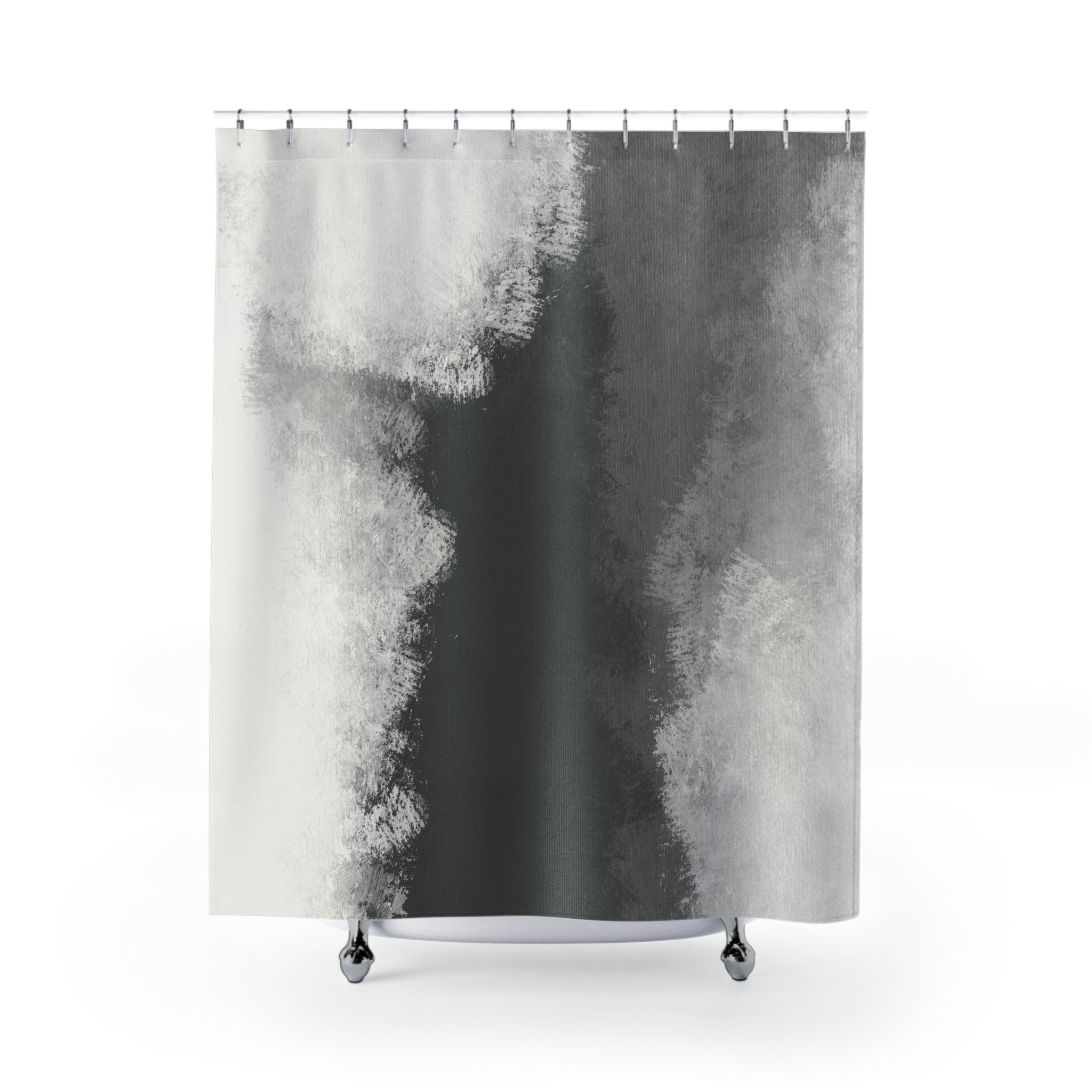a shower curtain with a black and white painting on it