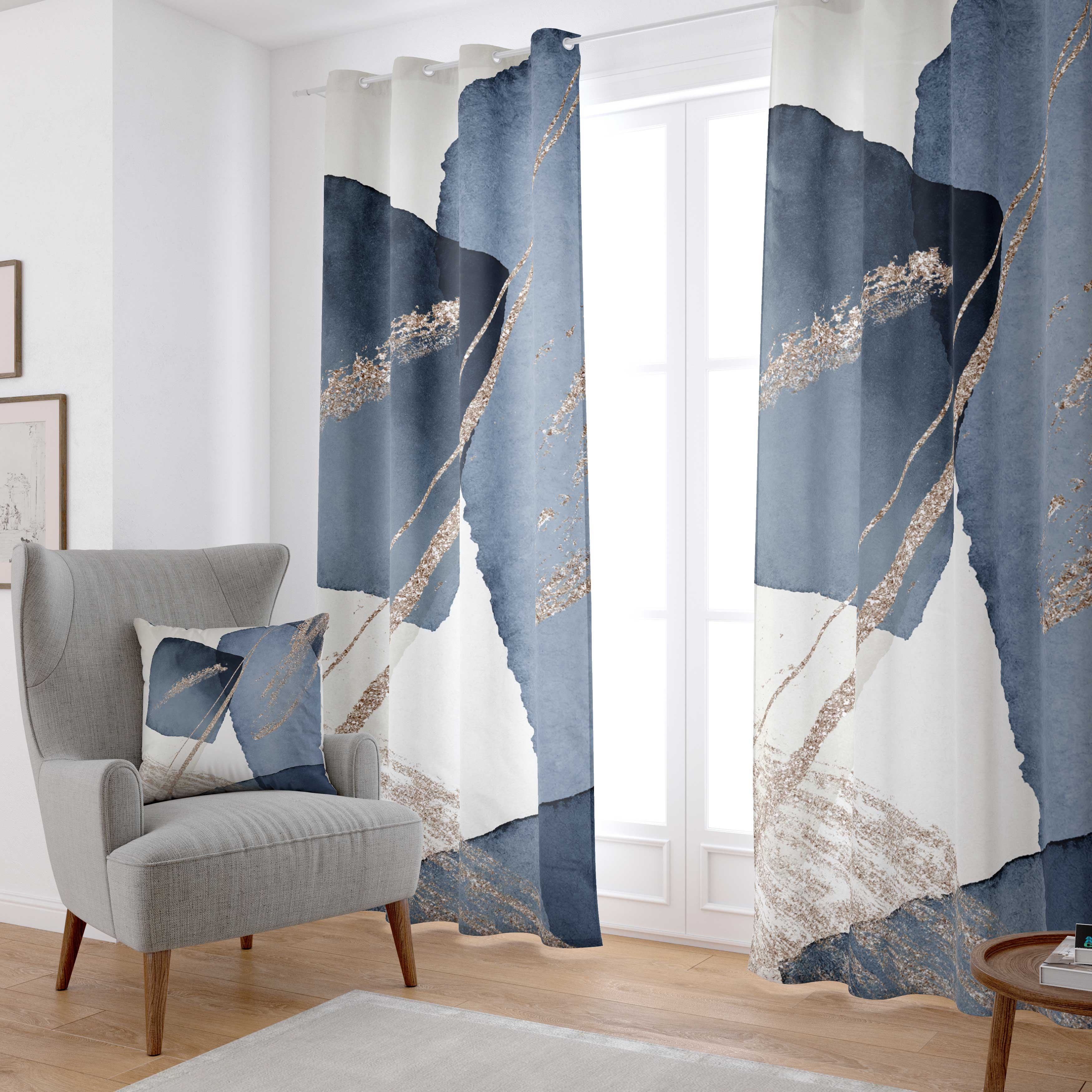 Window Curtains | Navy Blue Beige | Abstract Geometric