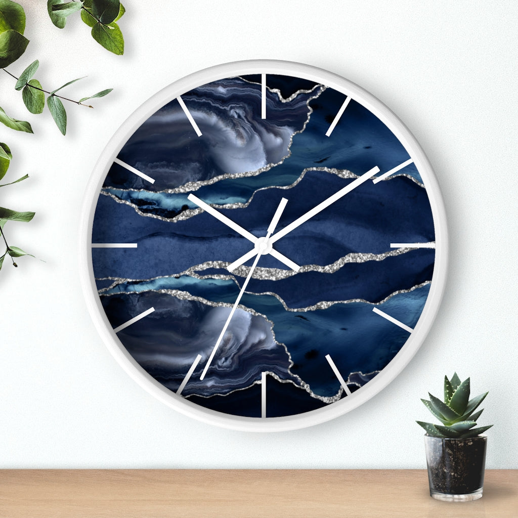 Marble Print, Navy Silver, Wood Wall Clock 10"