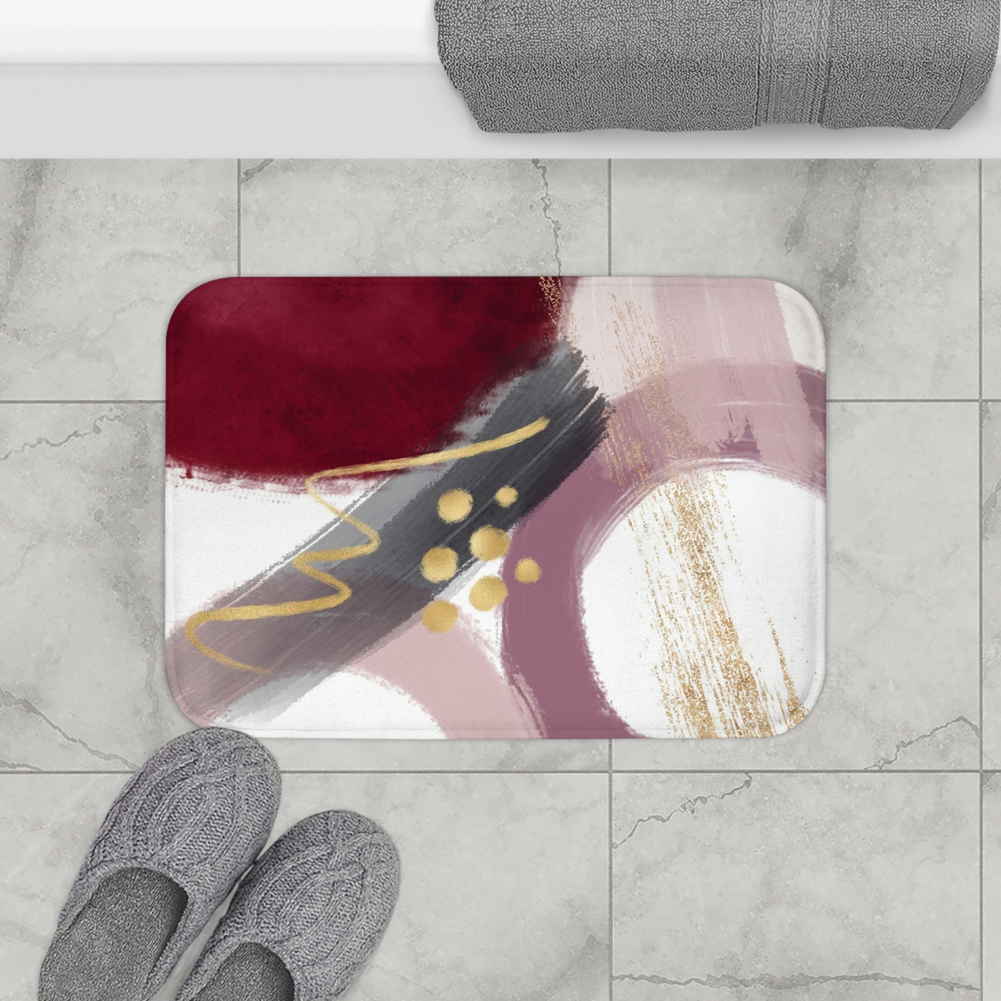 Boho Abstract Bath, Kitchen Mat | Burgundy Mauve Pink