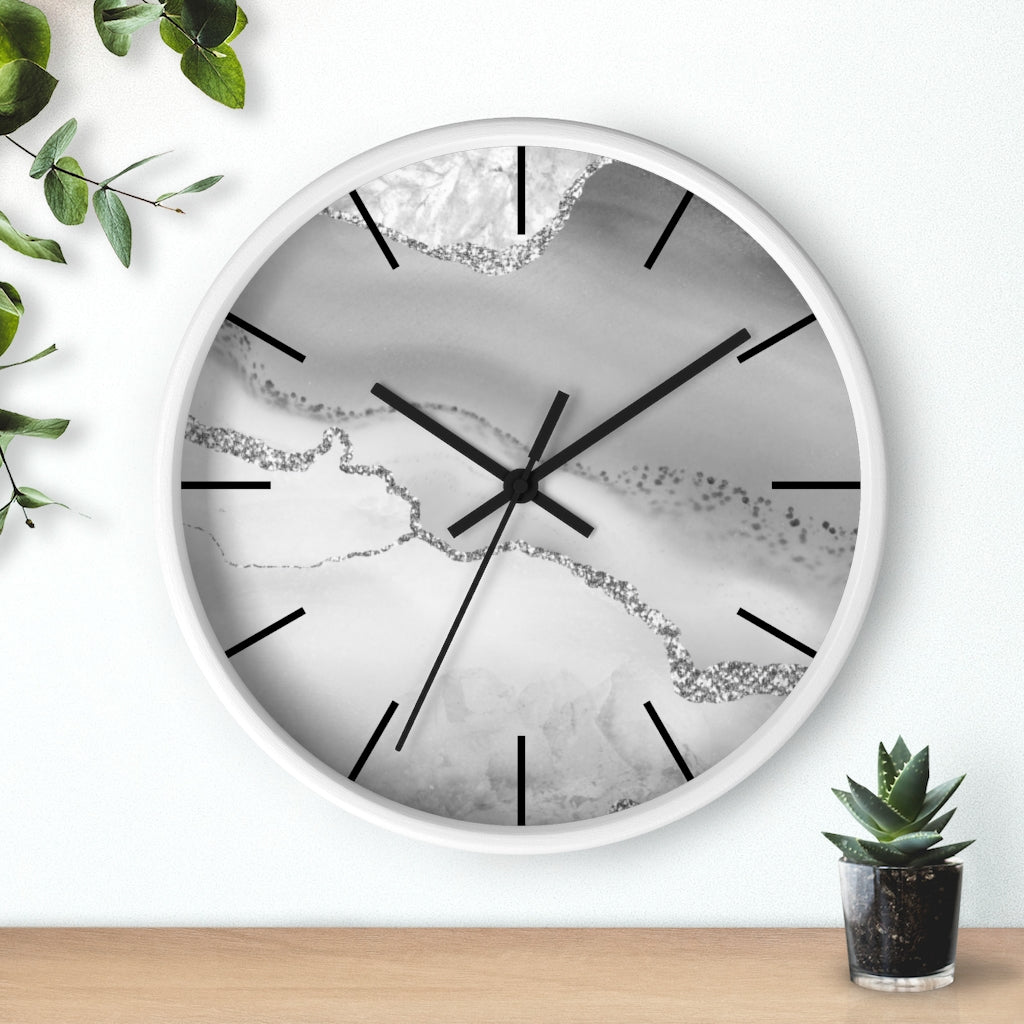 Marble Print, Wood, Wall Clock, Gray Silver 10"