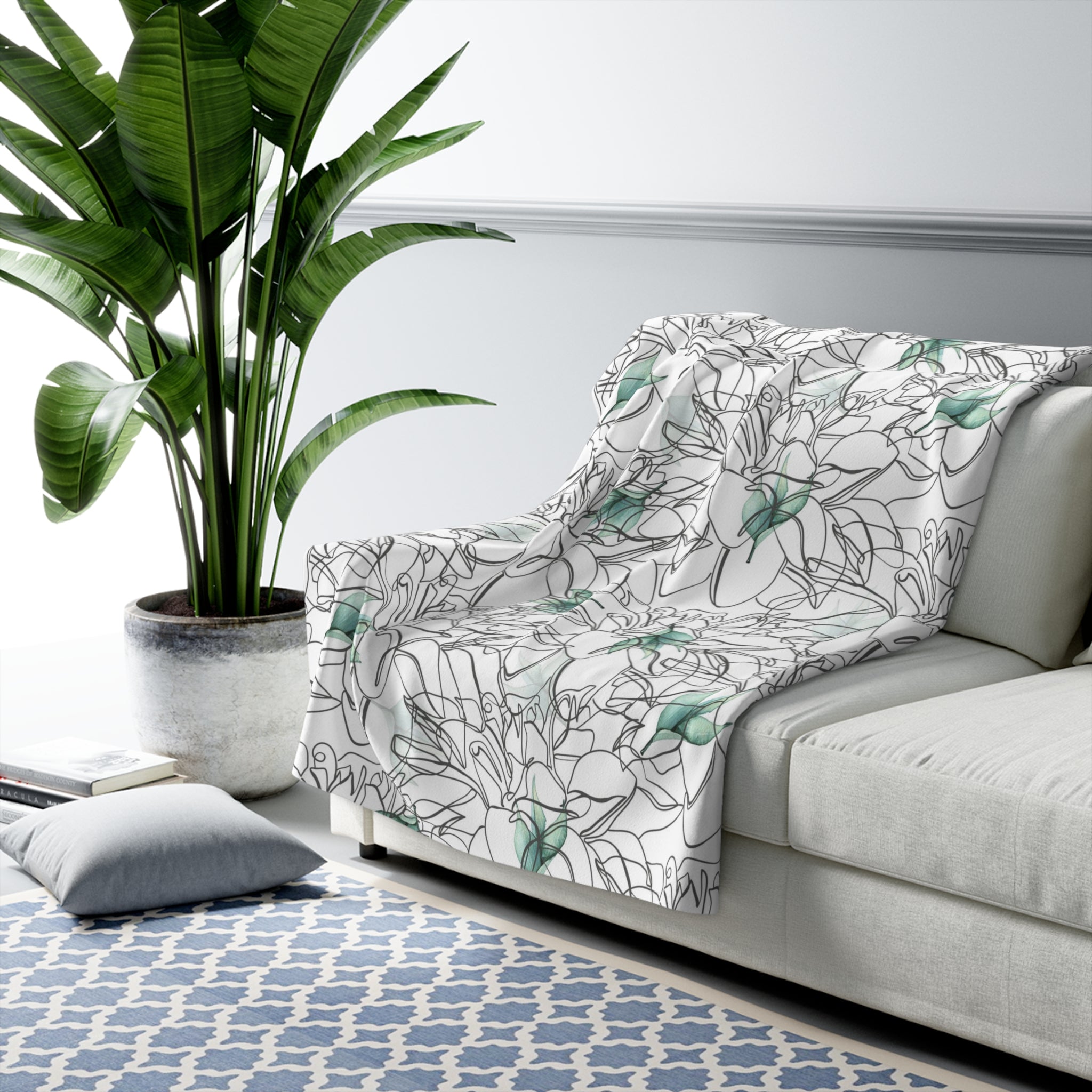 Floral Blanket | Black White Line Art Green