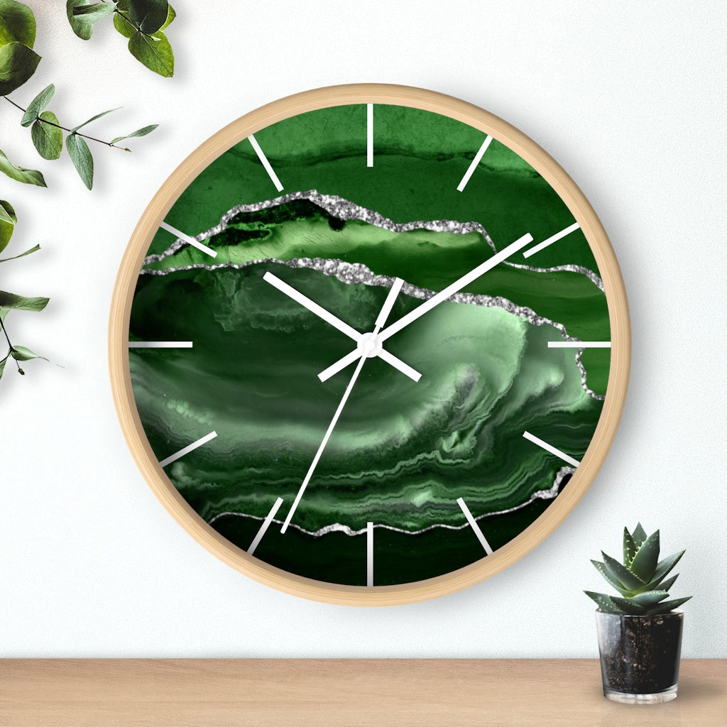 Marble Print, Wood, Wall Clock, Emerald Green 10"