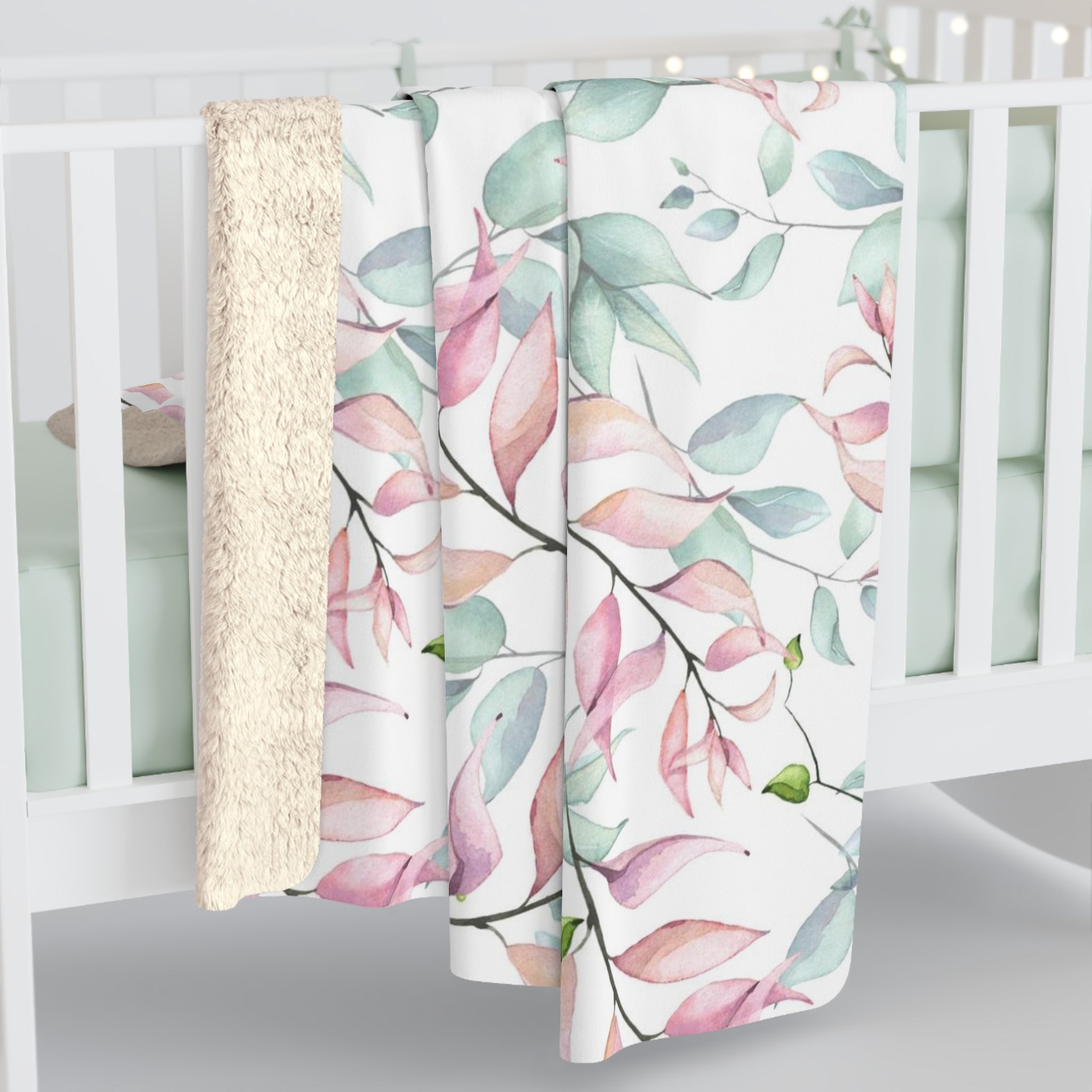 Floral Blanket | Pastel Pink Green White Leaves