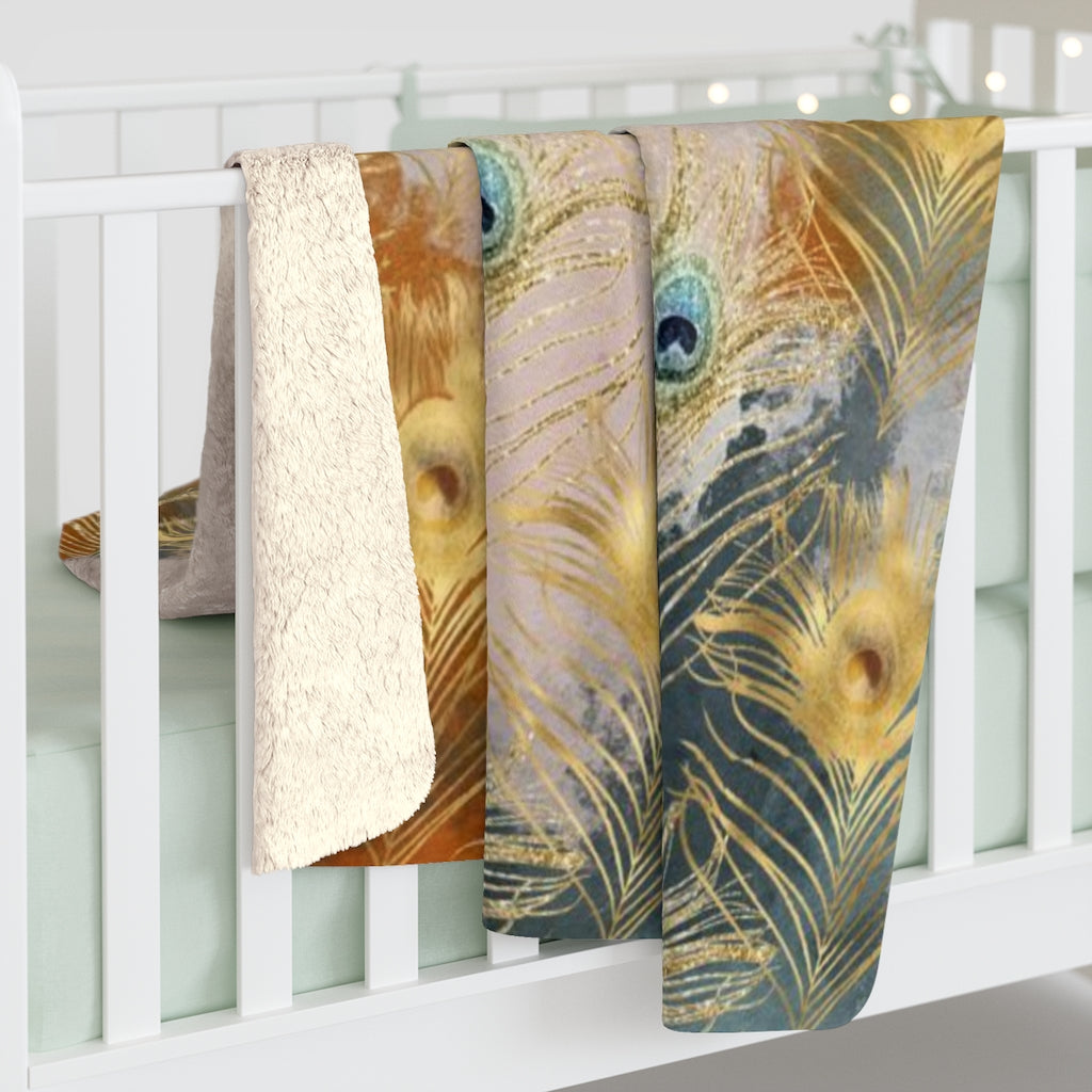 Boho Comfy Blanket | Gold Navy Rust Feathers