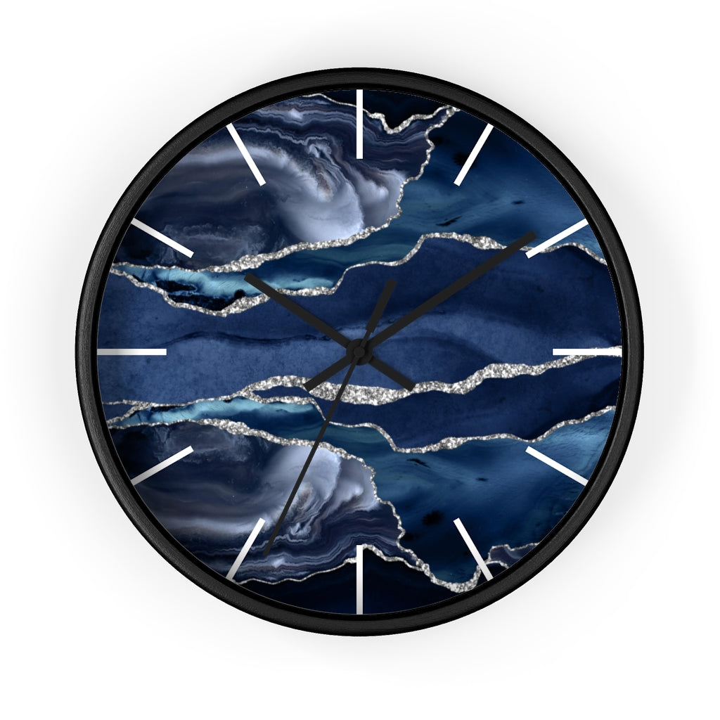 Marble Print, Navy Silver, Wood Wall Clock 10"