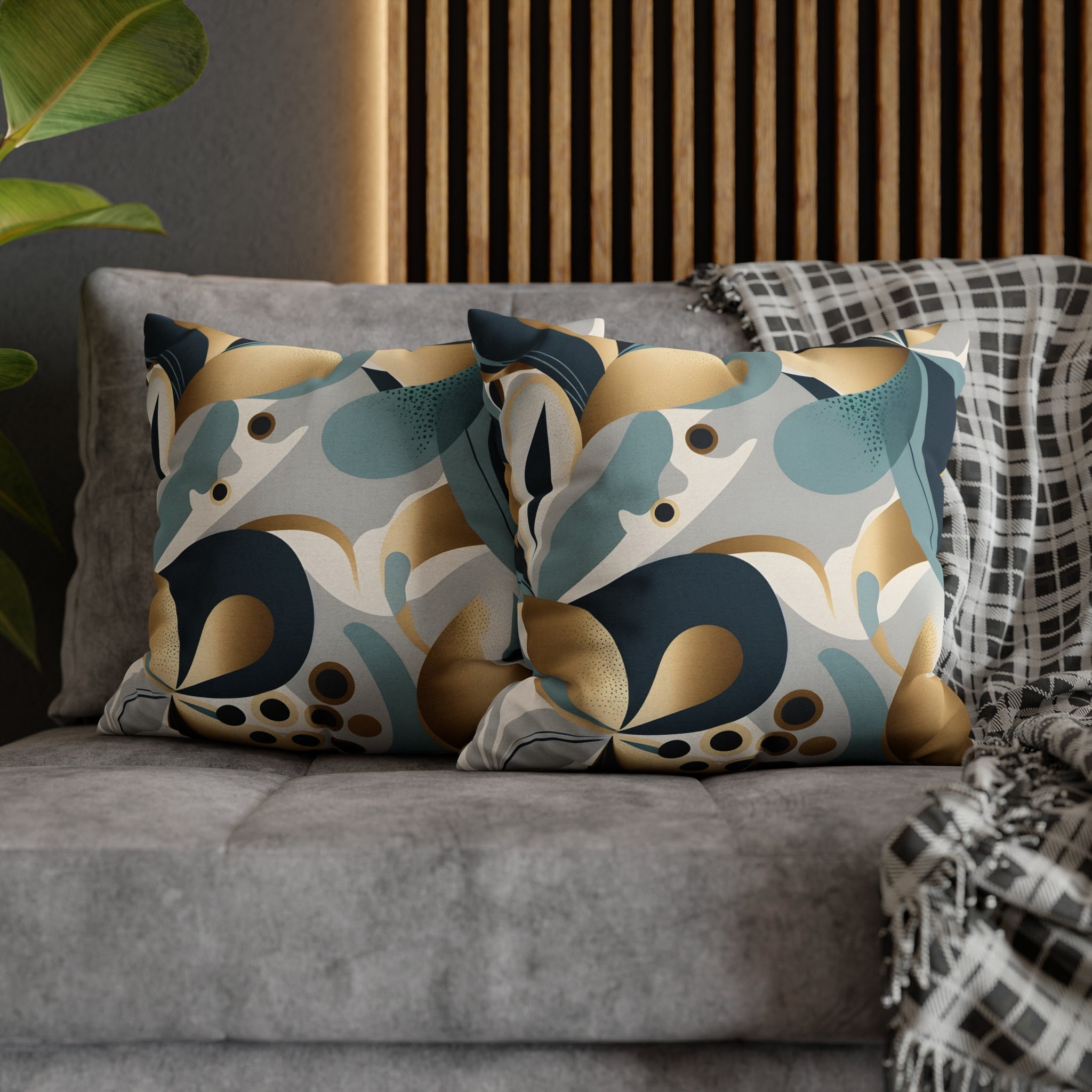 Abstract Boho Pillow Cover | Teal Navy Blue, Gold Beige