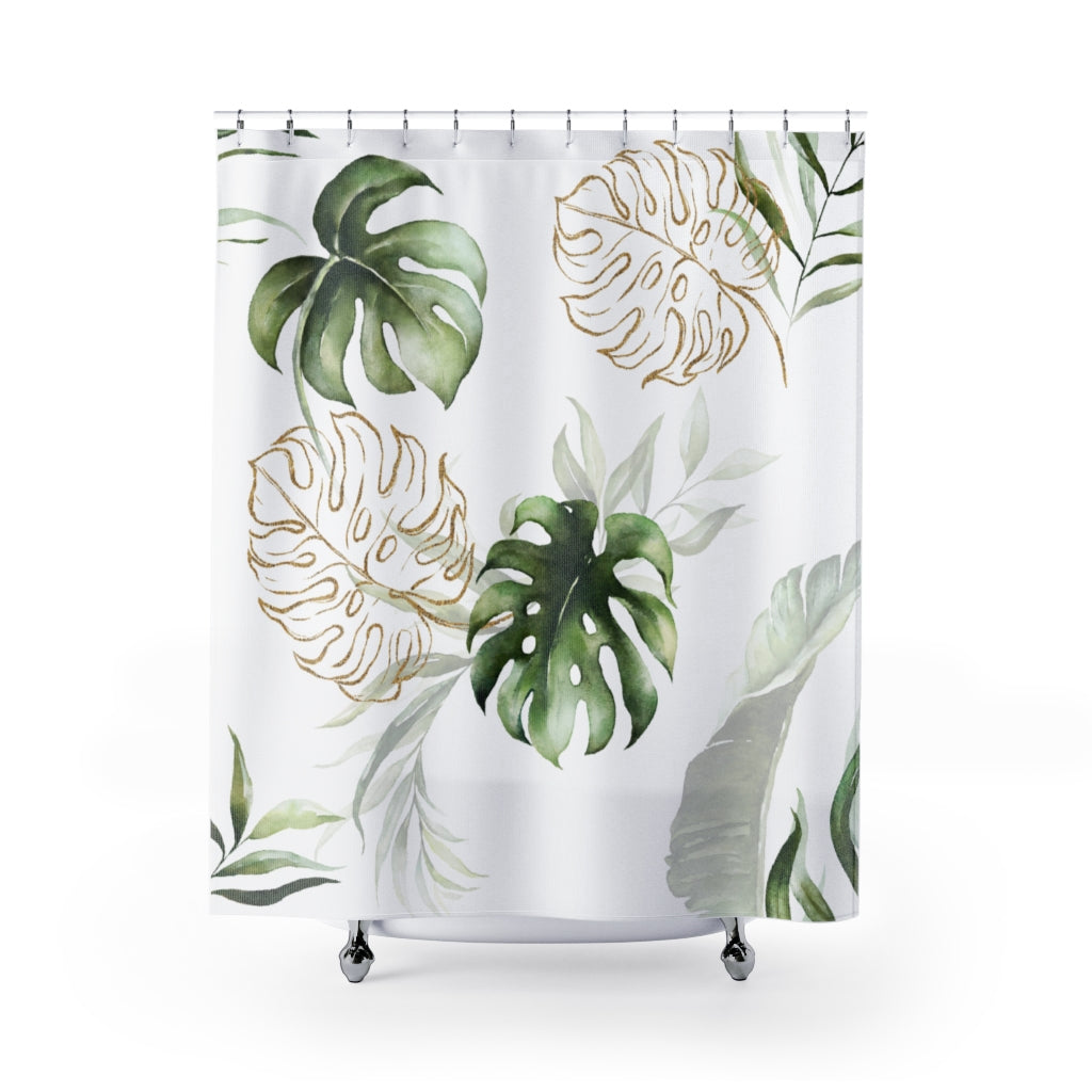 monstera shower curtain Green White Gold, Monstera Leaves Shower Curtain