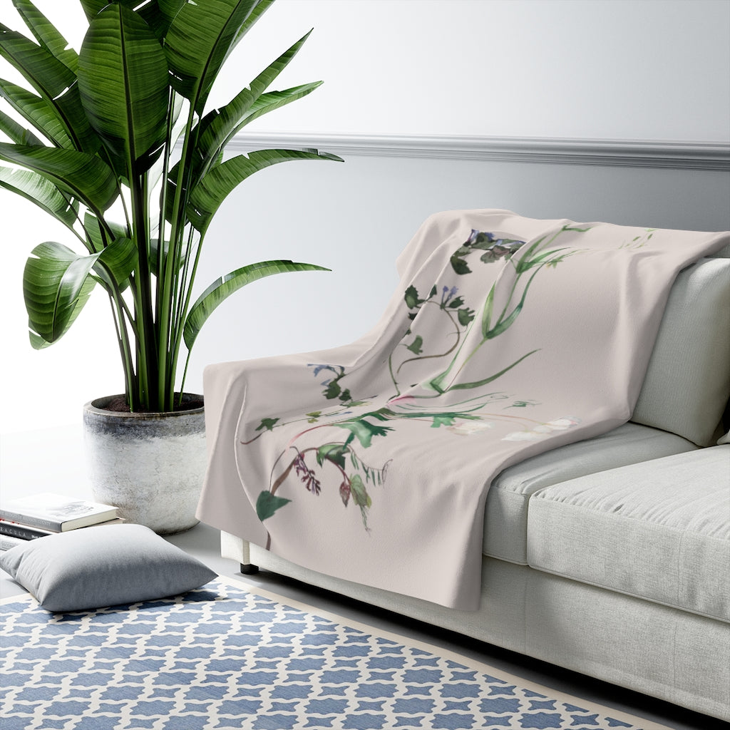 Dusty Pink Beige and Green, Floral Blanket, Botanical