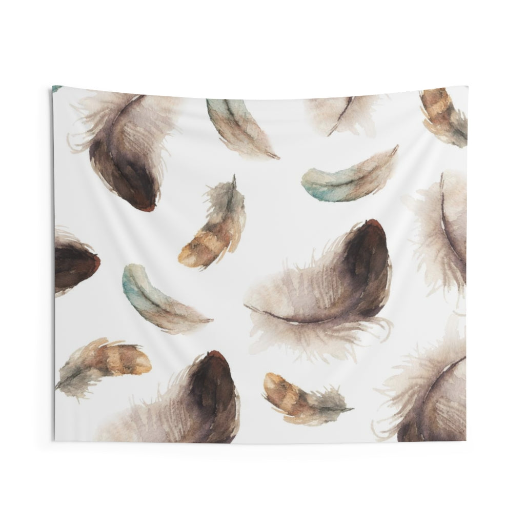 Bohemian Tapestry | Brown Teal Beige White Feathers