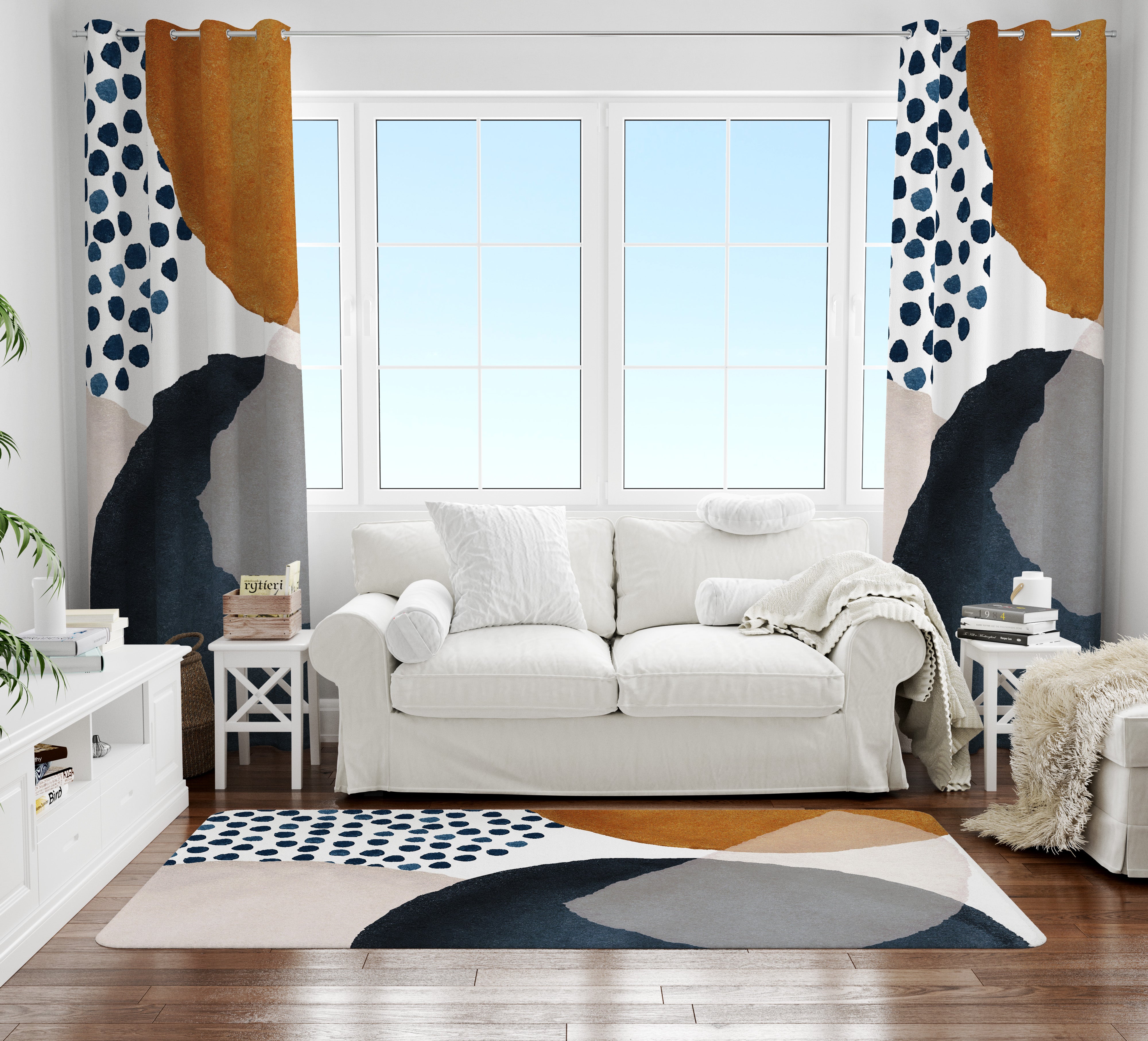 Abstract Area Rug | Navy Rust Orange Cream