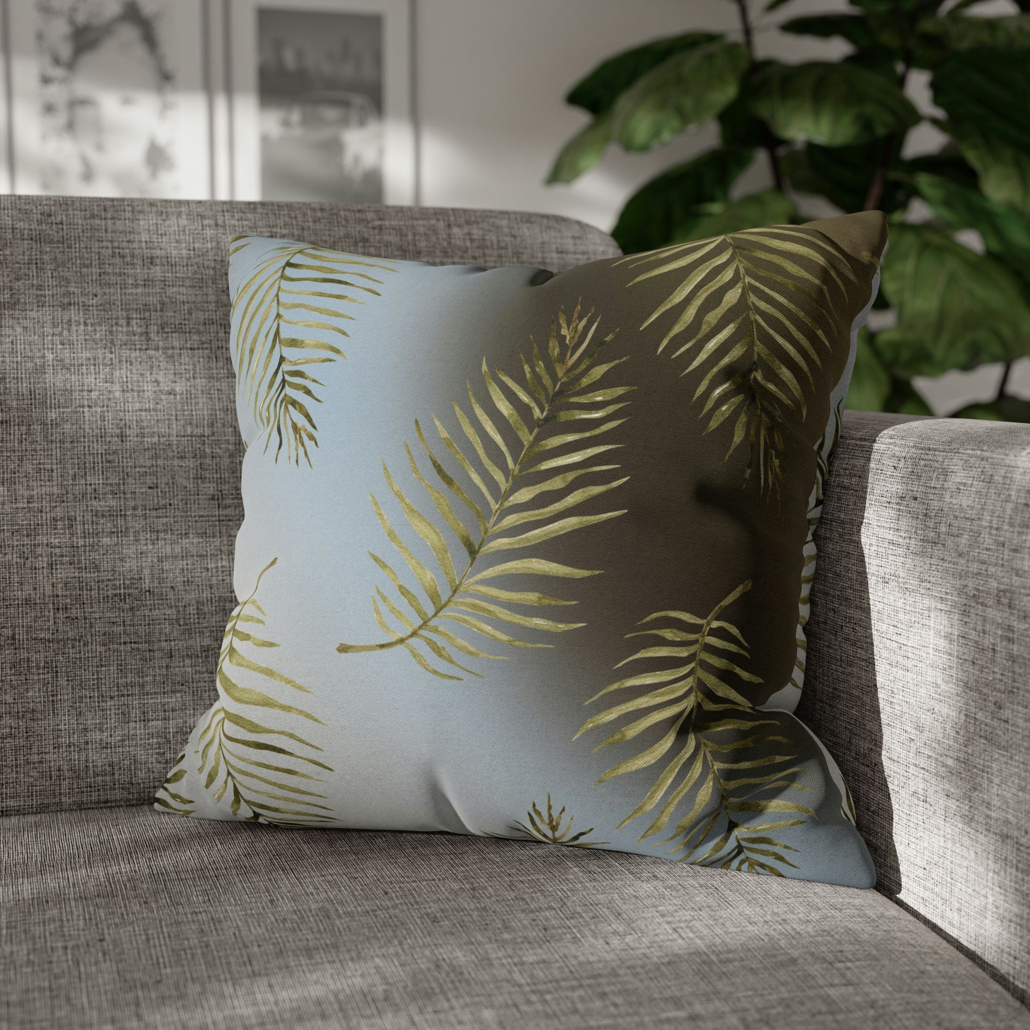 Floral Boho Pillow Cover | Palm Leaves Blue Beige
