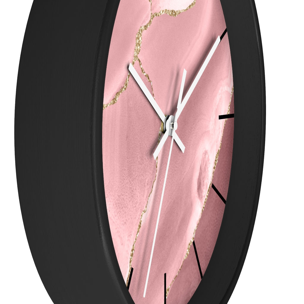 Marble Print, Wood, Wall Clock, Pink Gold 10"