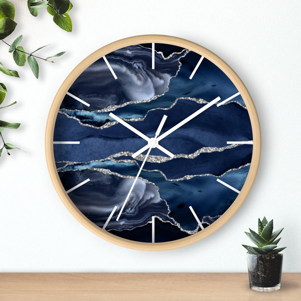 Marble Print, Navy Silver, Wood Wall Clock 10"