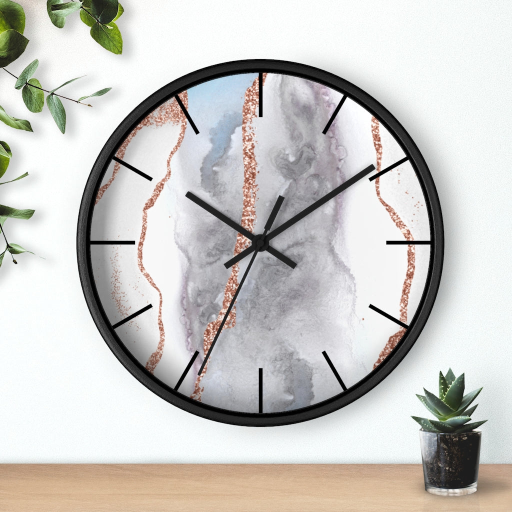 Marble Print, Wood, Wall Clock, Gray Gold 10"
