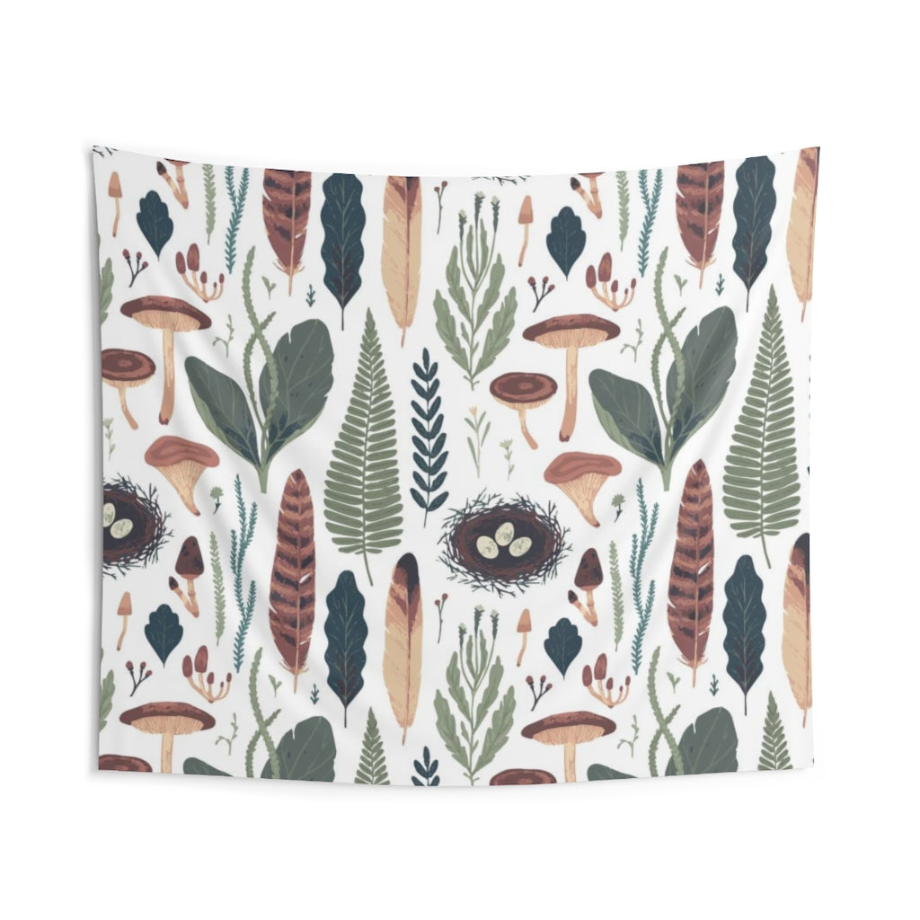 Floral Tapestry | White Green Brown Mushrooms